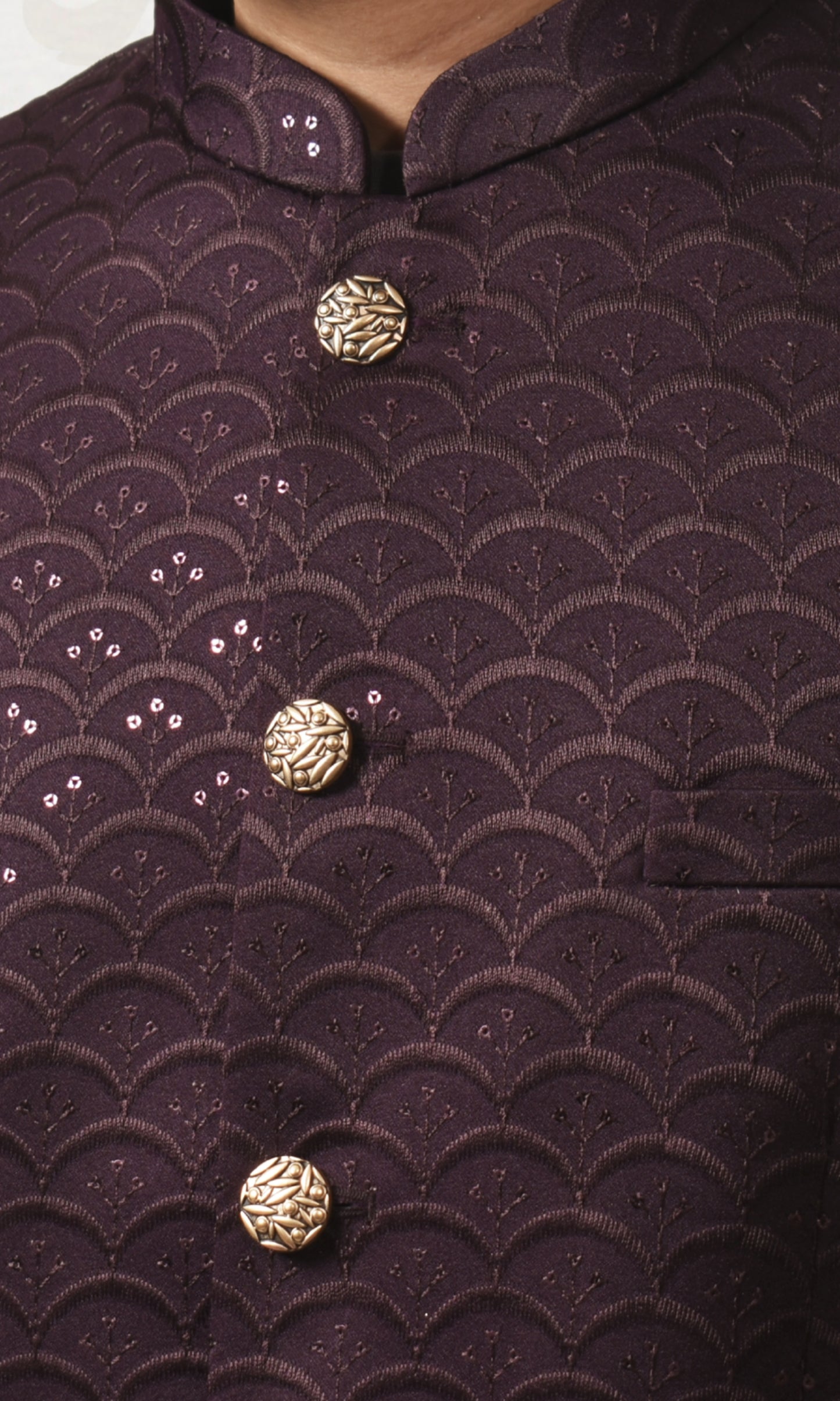 Velvet Grape Mulberry Geometric Bandhgala with a Touch of Sparkle