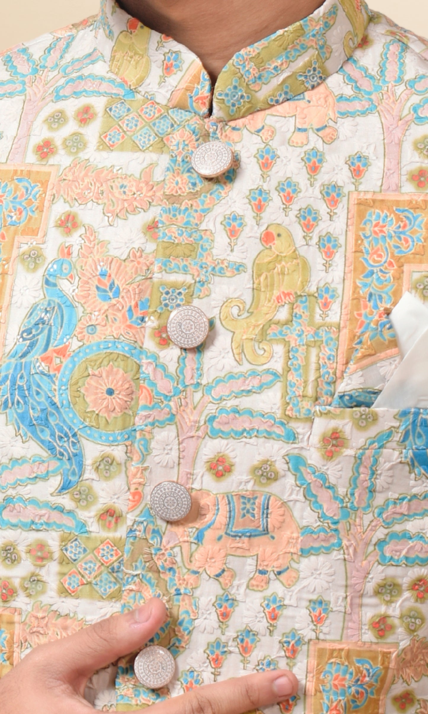 Ivory Mosaic Indo-Western with Majestic Fauna Embroidery