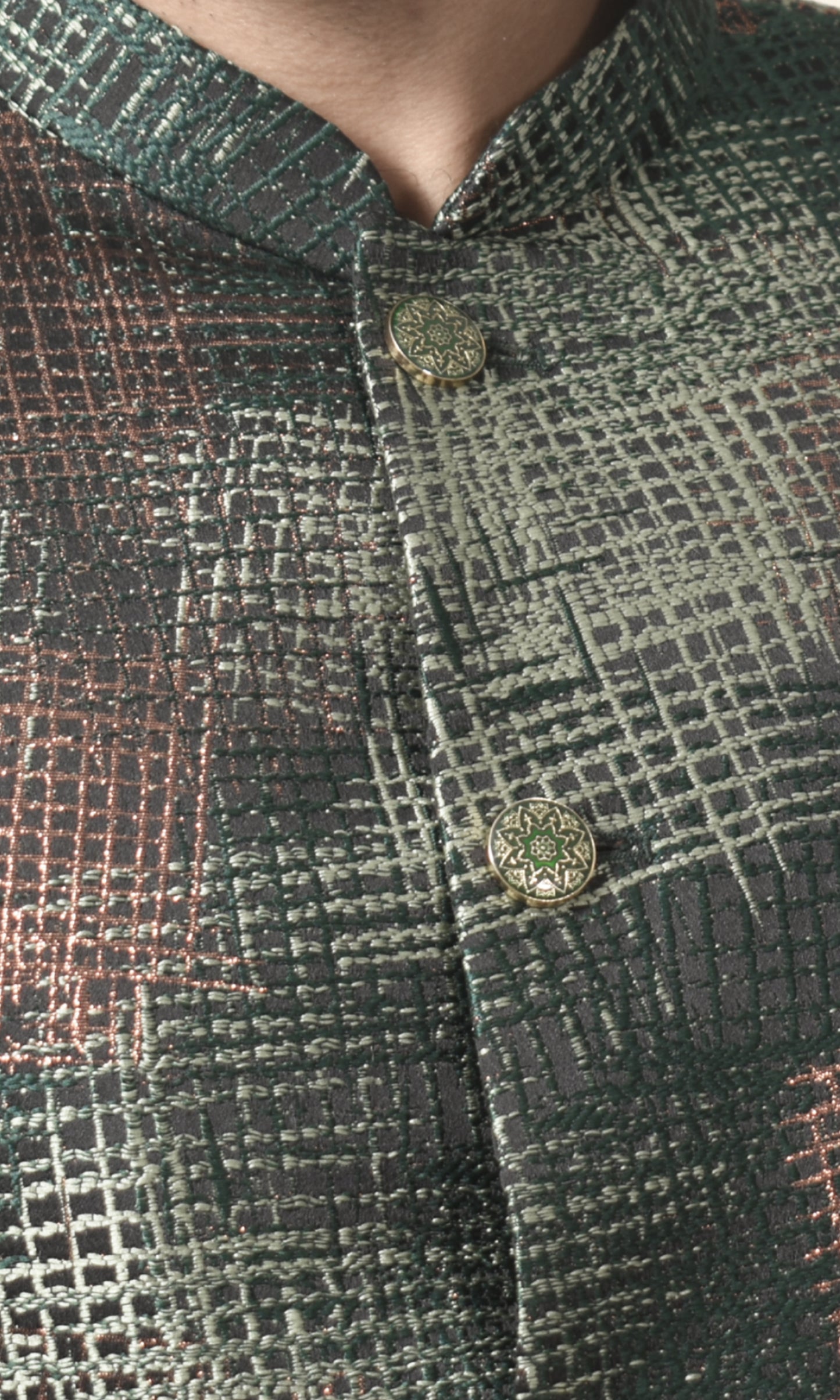 Forest green bandhgala with a Shimmering crosshatch design
