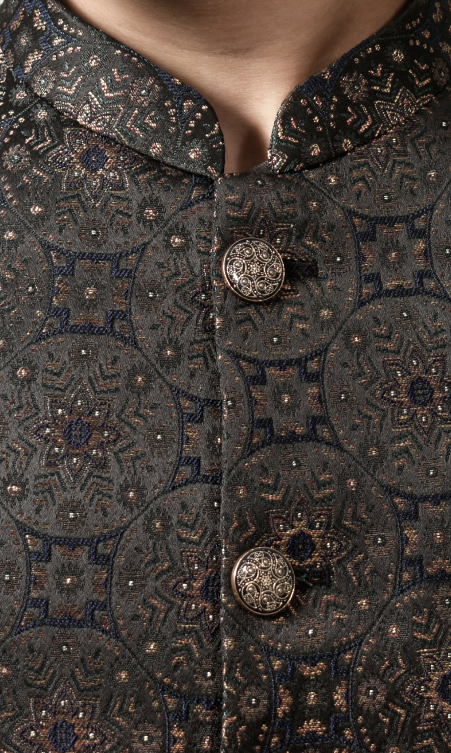 Elegant navy brocade bandhgala with luxurious golden detailing