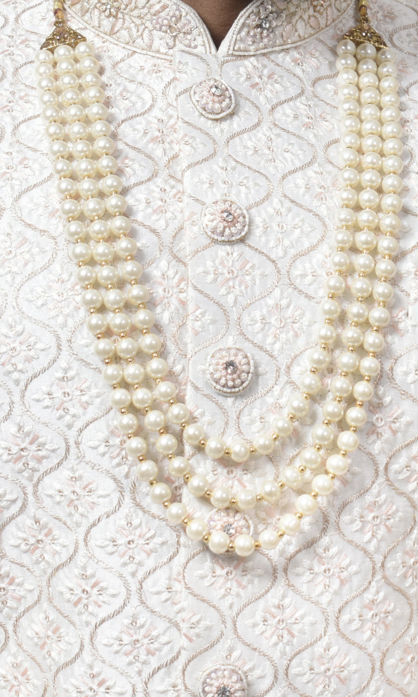 Ivory Cascade Sherwani with Ornate Wave Embroidery & Pearl Majesty