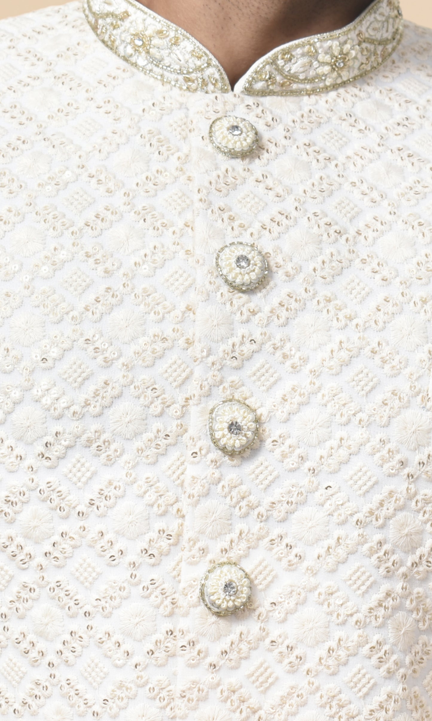 Regal Ivory Georgette Brocade Sherwani with Ornate Zari Weaving & Handcrafted Buttons