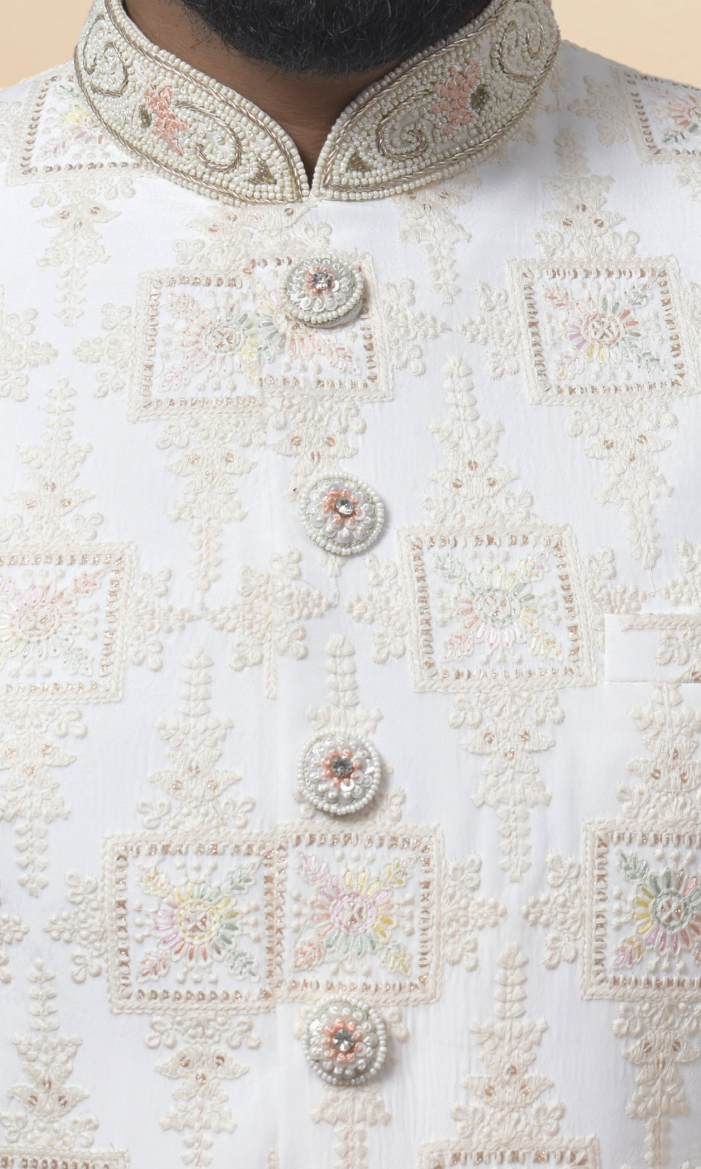 Ivory Sherwani with Multicolored Resham Butta Embroidery & Handcrafted Jewel Buttons