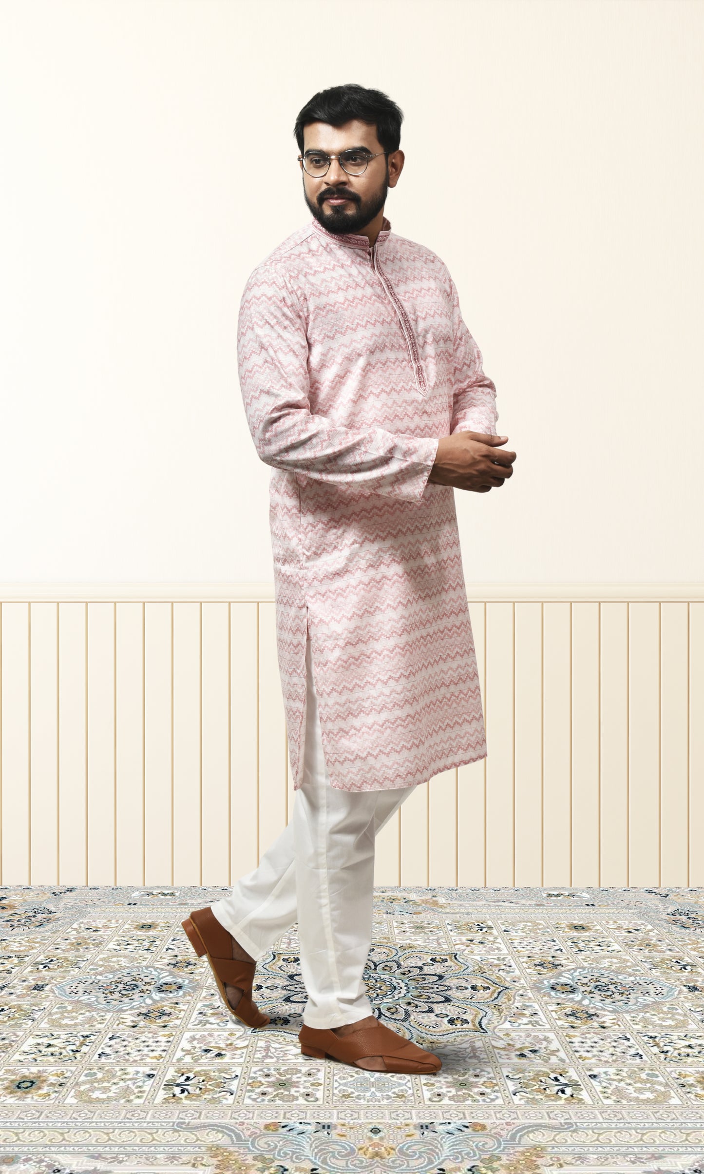 Pastel Mist Pink Kurta with Embossed Zigzag Detailing