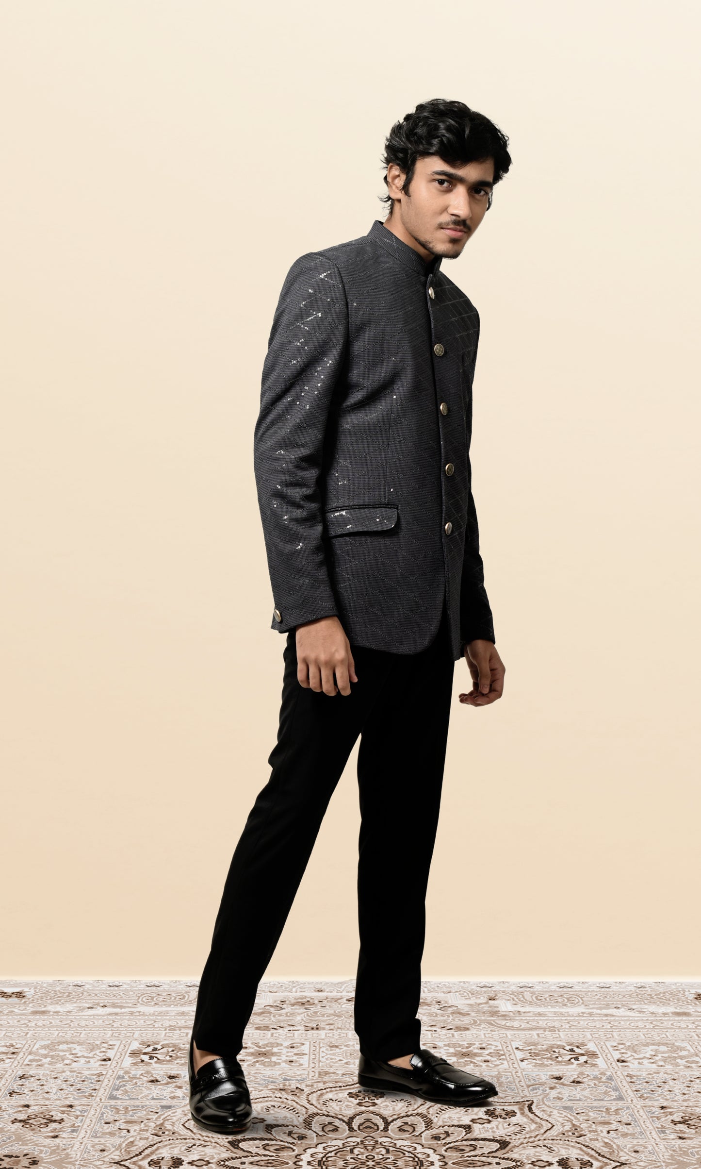 Charcoal Grey Diamond-Quilted Bandhgala with Subtle Sequin Highlights
