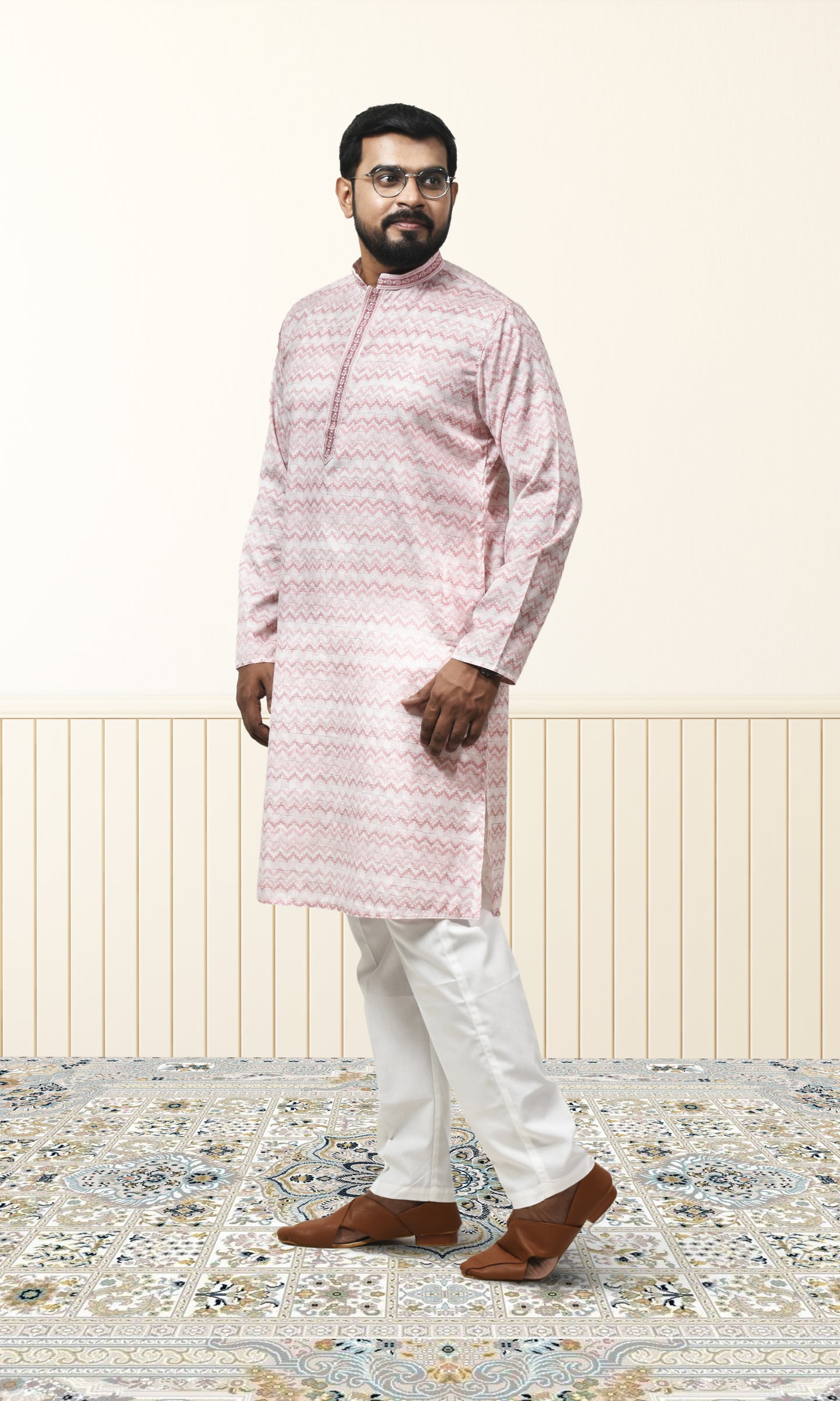 Pastel Mist Pink Kurta with Embossed Zigzag Detailing