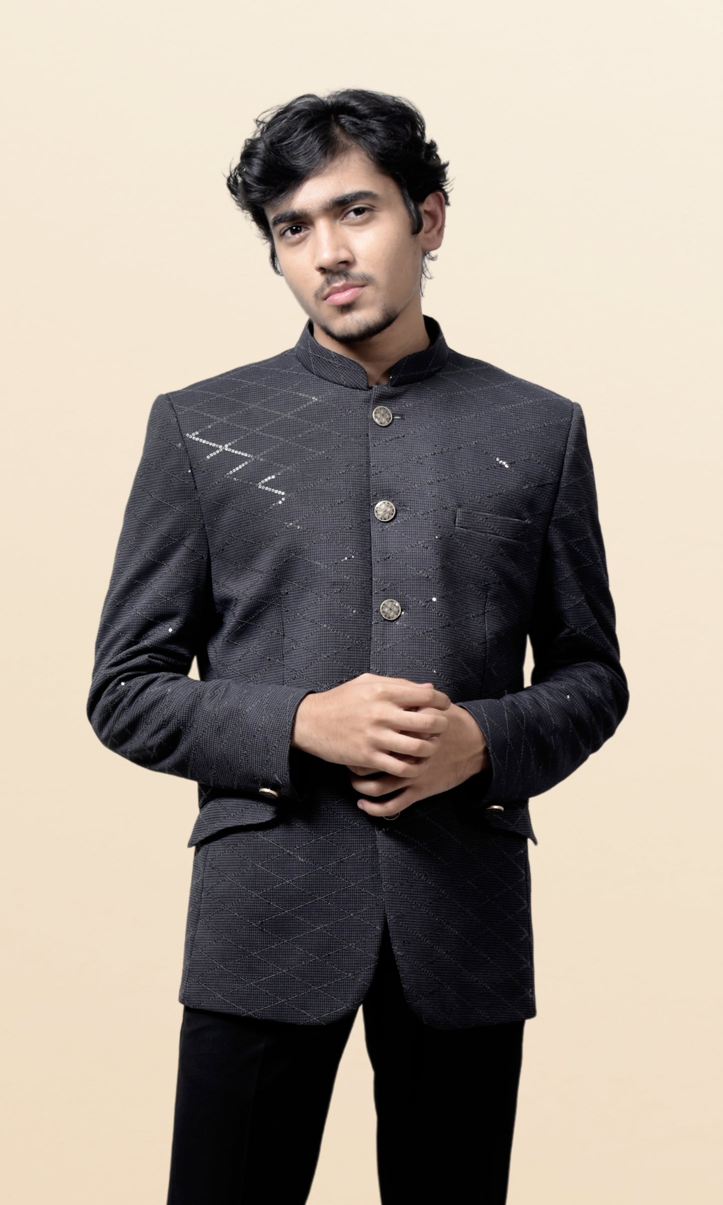 Charcoal Grey Diamond-Quilted Bandhgala with Subtle Sequin Highlights