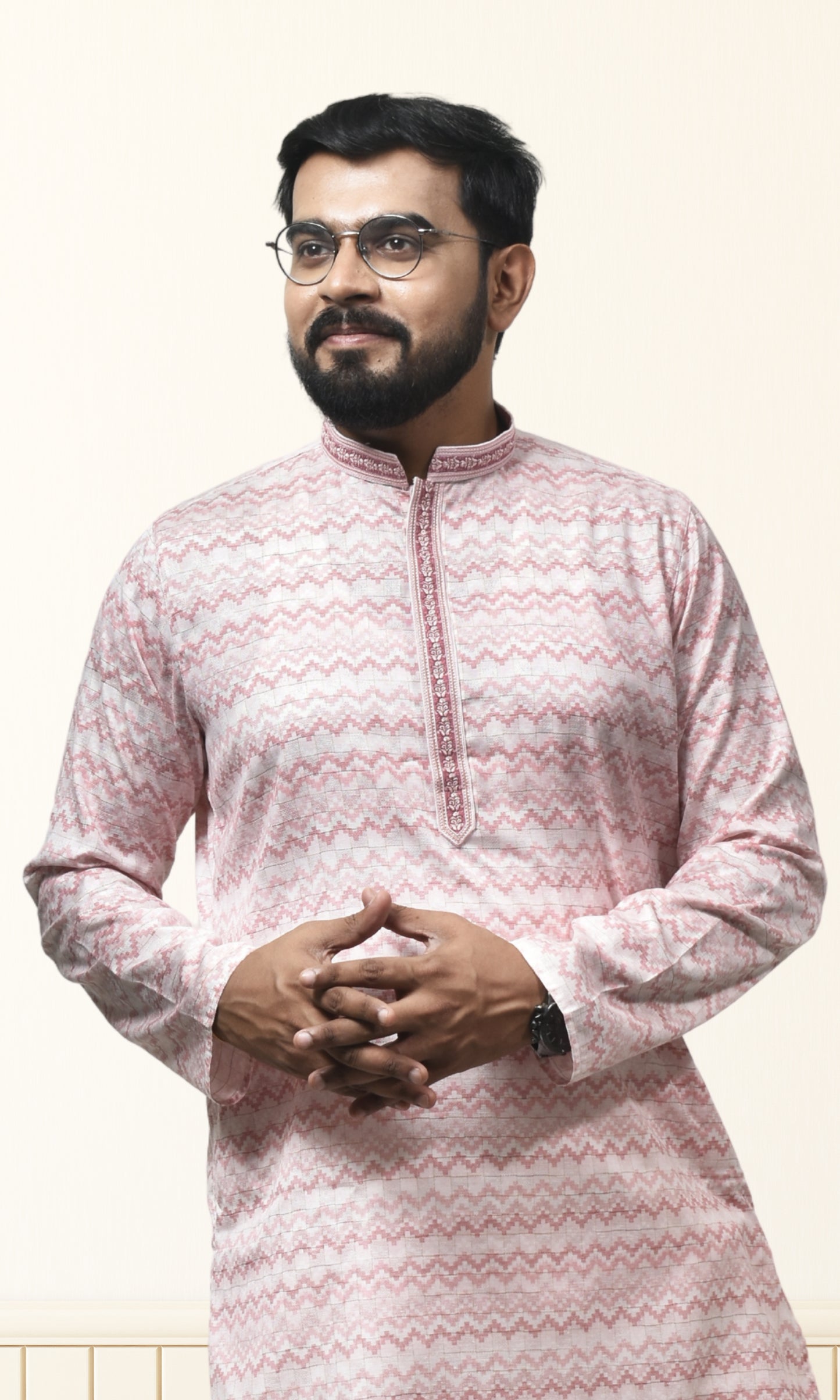 Pastel Mist Pink Kurta with Embossed Zigzag Detailing