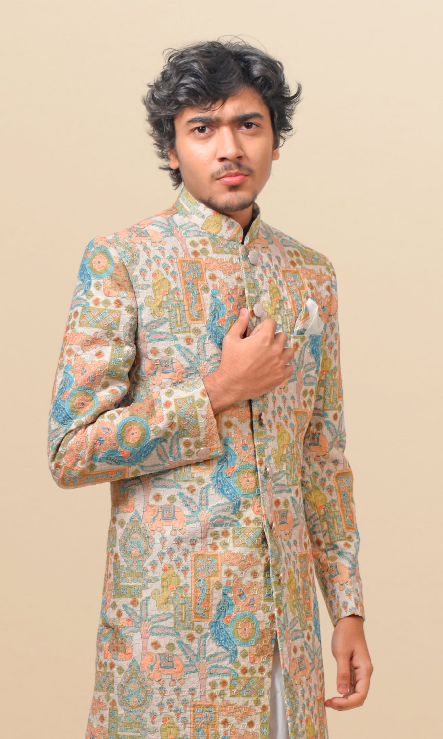 Ivory Mosaic Indo-Western with Majestic Fauna Embroidery