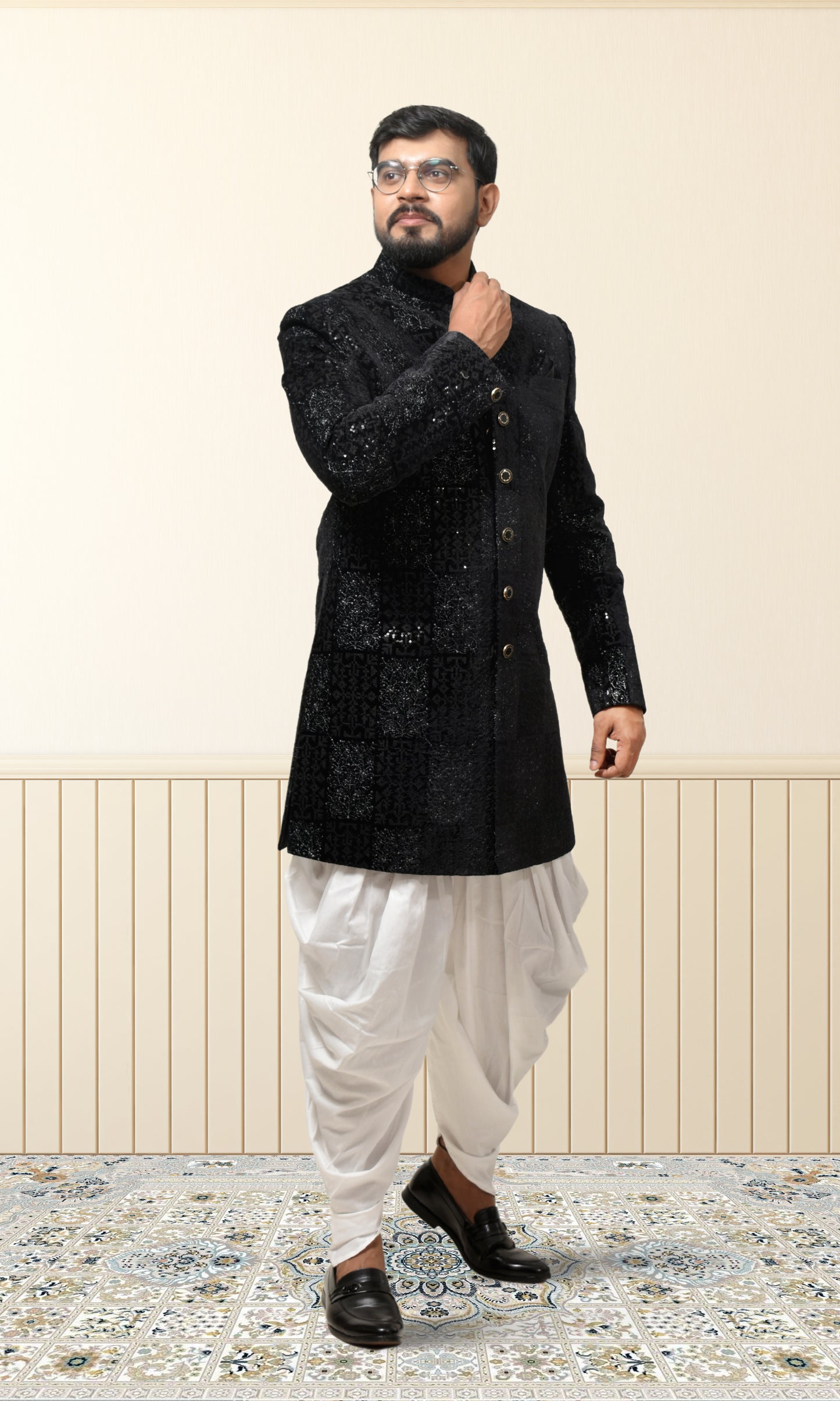 Midnight Royale Black Indo-Western with Opulent Sequins & Intricate Geometric Thread Embroidery
