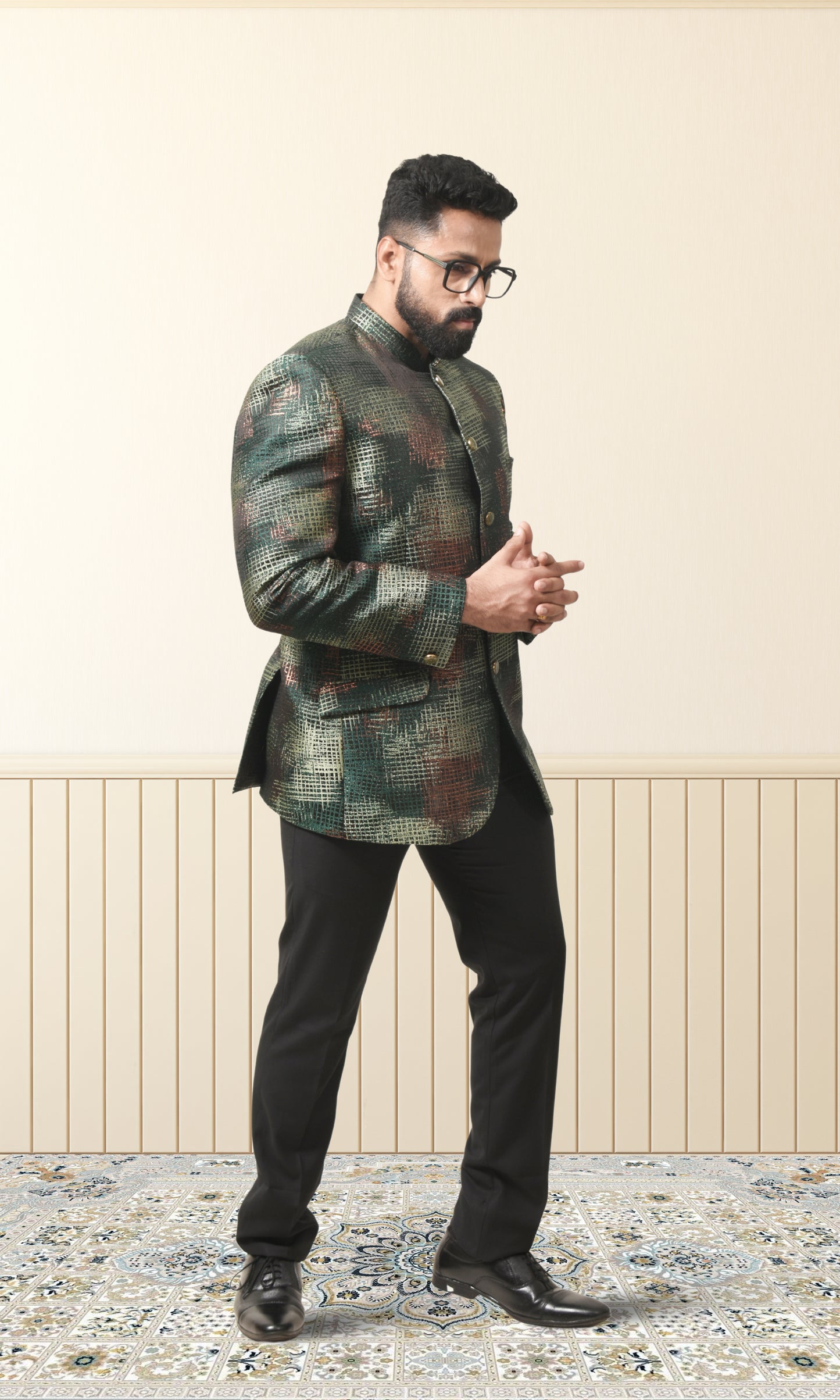 Forest green bandhgala with a Shimmering crosshatch design