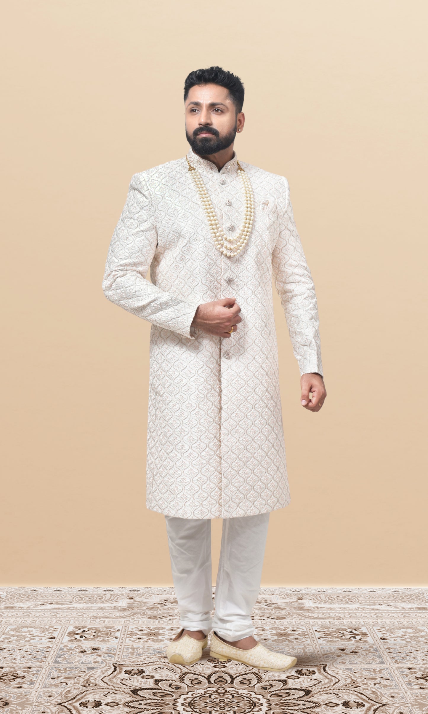 Ivory Cascade Sherwani with Ornate Wave Embroidery & Pearl Majesty