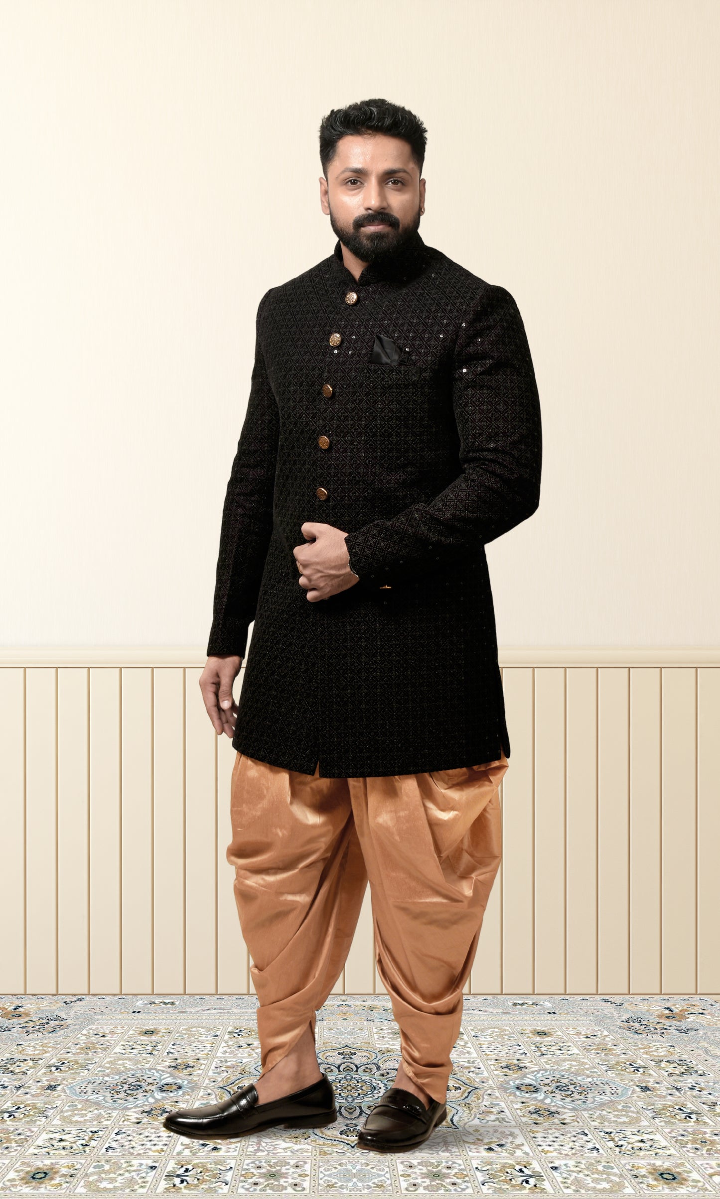 Shahi Mehfil Wine Indo-Western with Quilted Sequin Weave