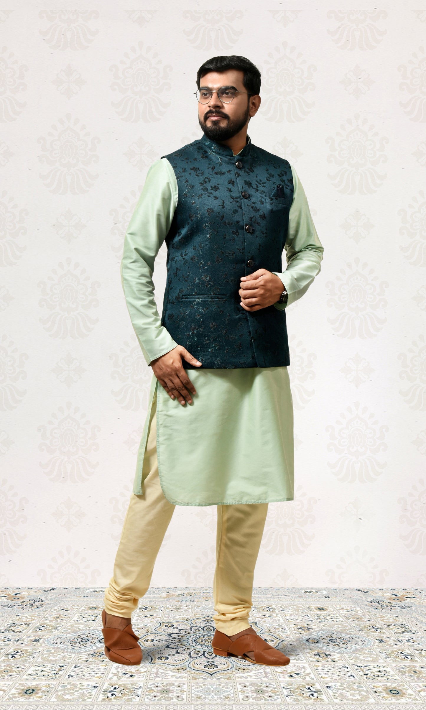 Forest Teal Jacket with Velvet Floral Embroidery
