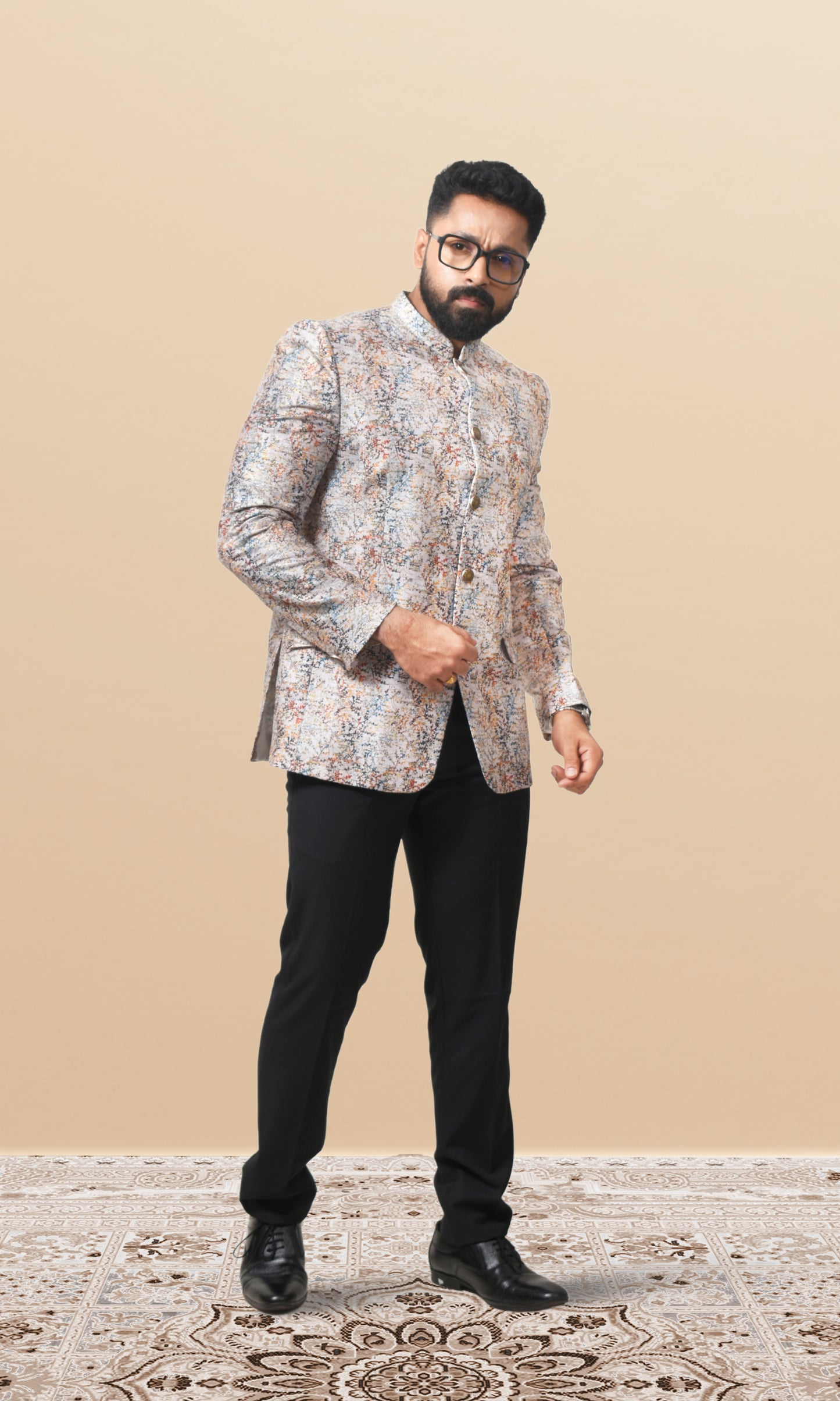 Artistic abstract print bandhgala in off-white with multicolor accents
