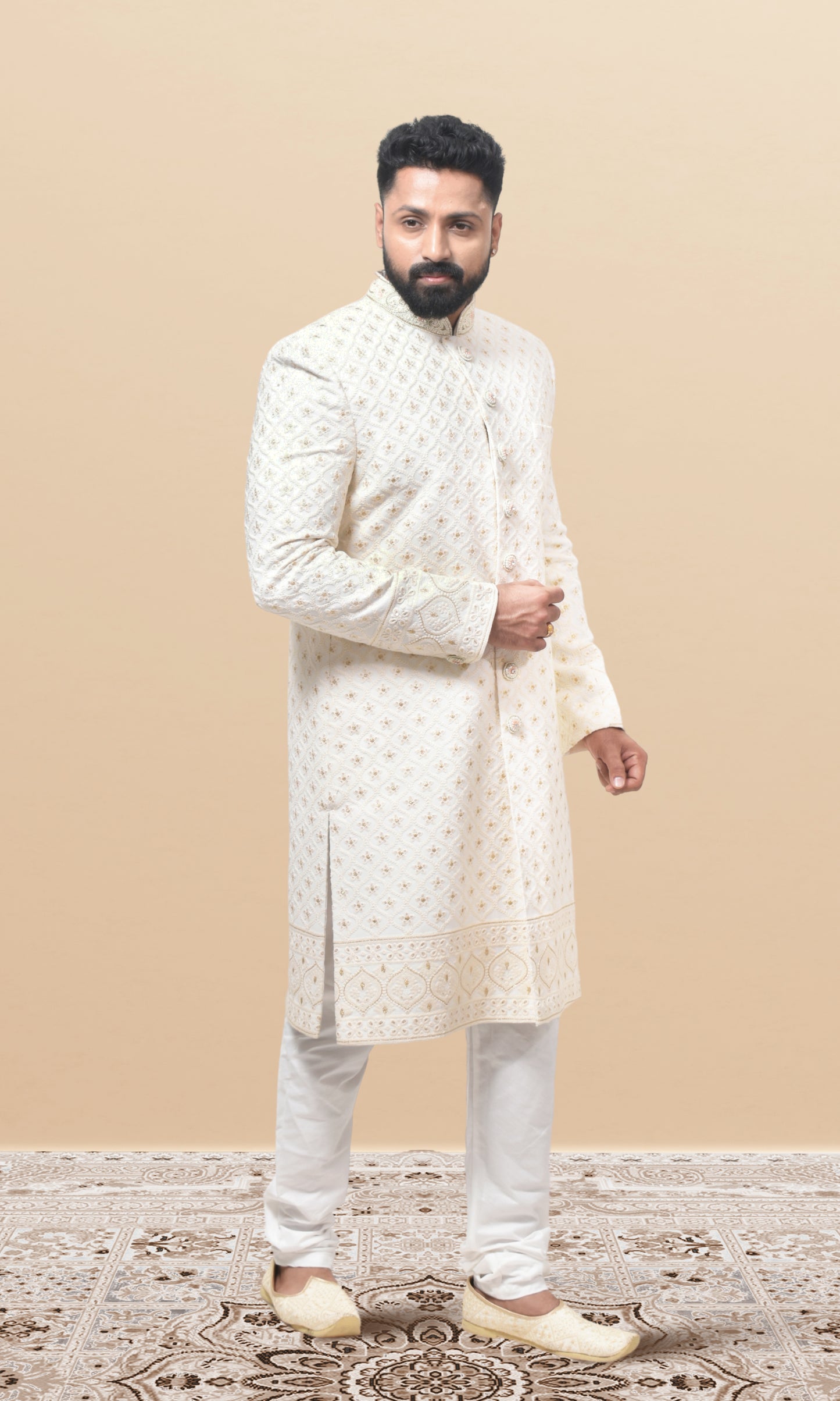 Champagne Gold Sherwani in Textured Georgette with Royal Collar Detailing