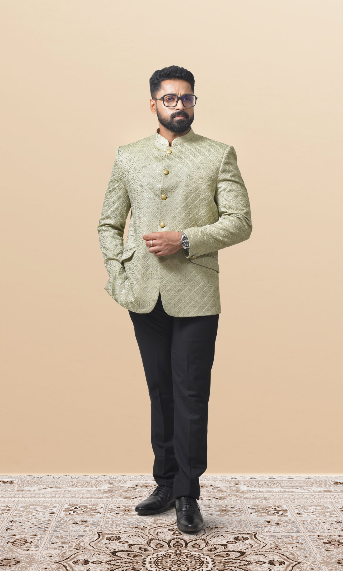 Sage Green Geometric Bandhgala with Sparkling Embellishments