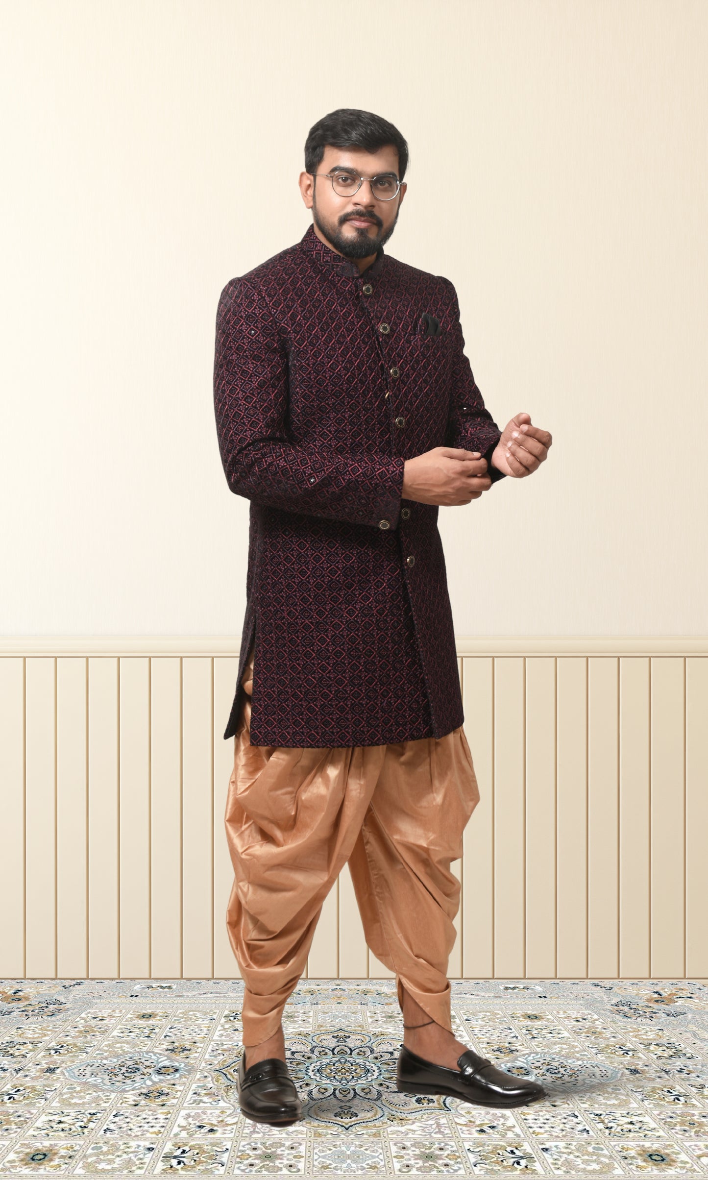 Midnight Ruby Indo-Western with Ornate Lattice Embroidery