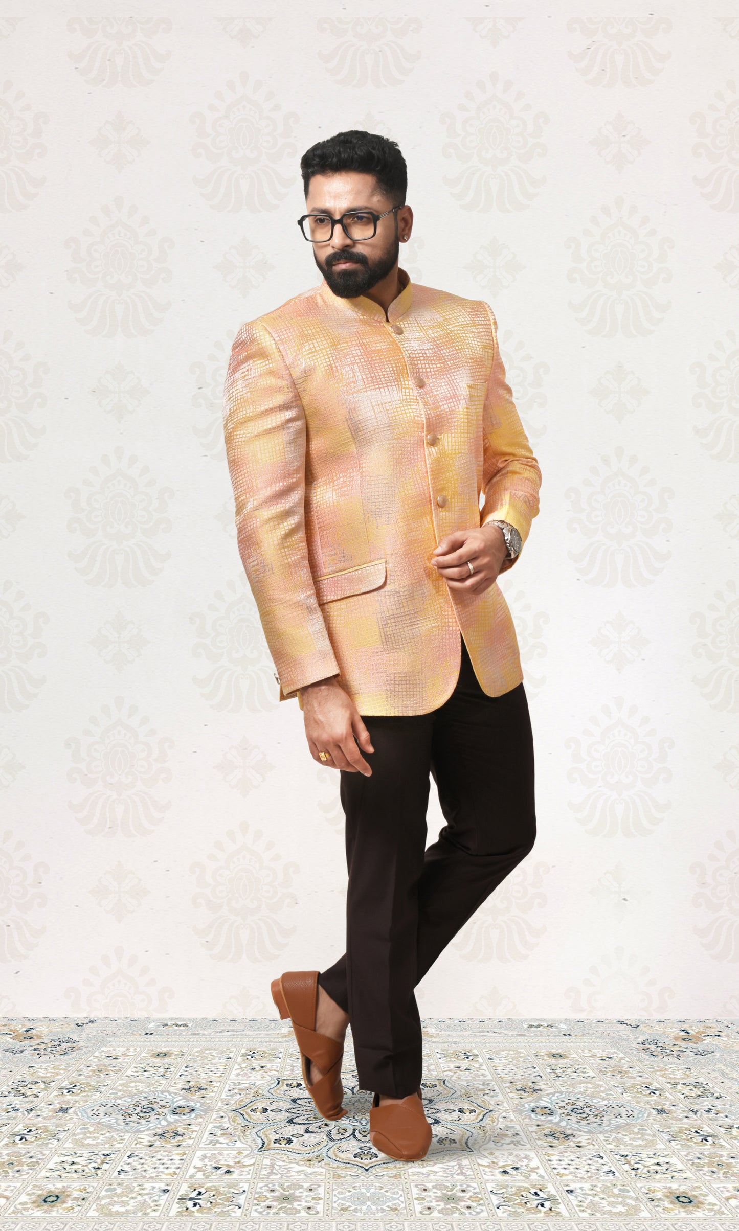 Sunlit Gold Bandhgala with Shimmering Crosshatch Design