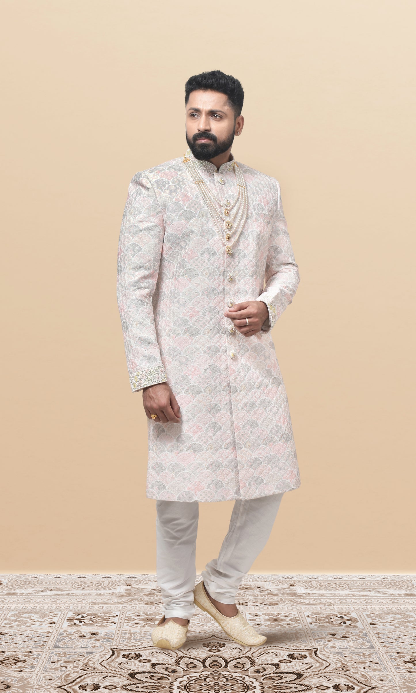 Moonlit Rose Scallop-Embroidered Sherwani with Enchanted Pastel Accents & Ornate Collar