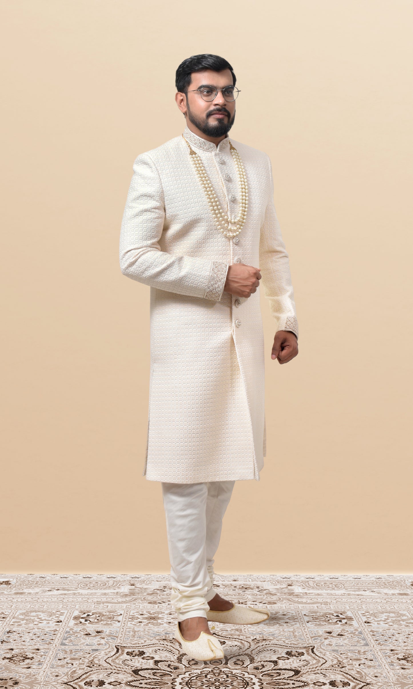 Pearl White Grid-Pattern Sherwani with Embroidered Cuffs & Jewel Buttons