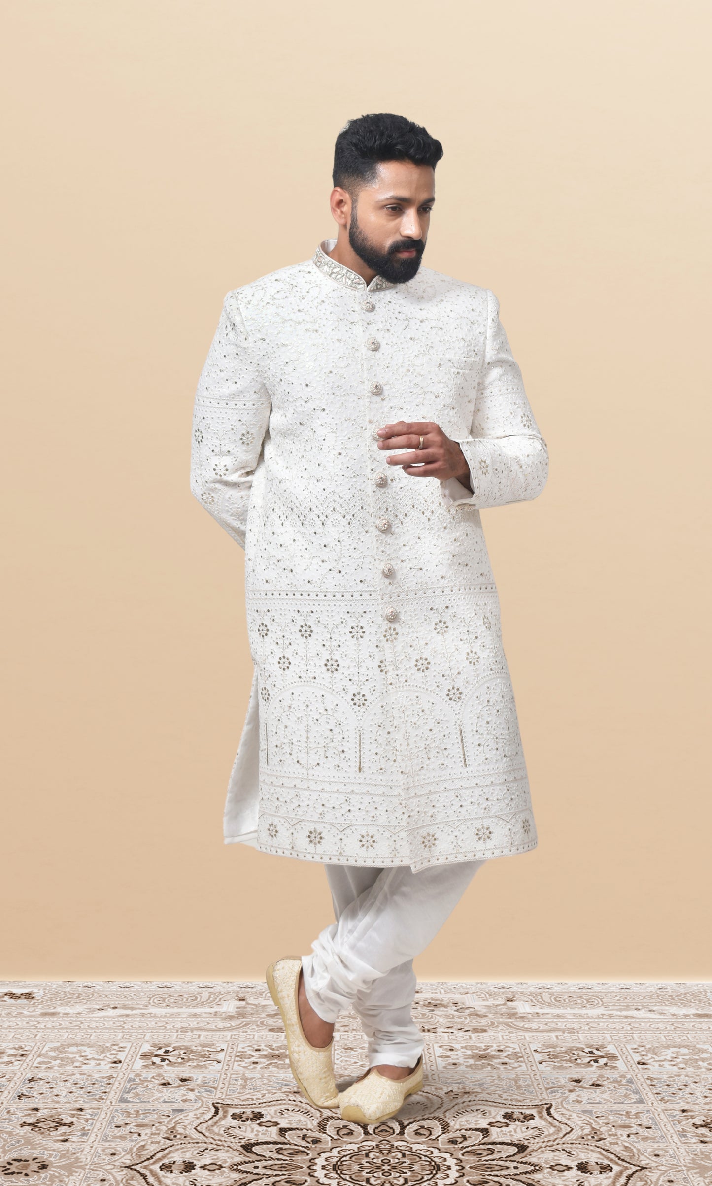 Celestial Ivory Georgette Sherwani with Intricate Thread Filigree