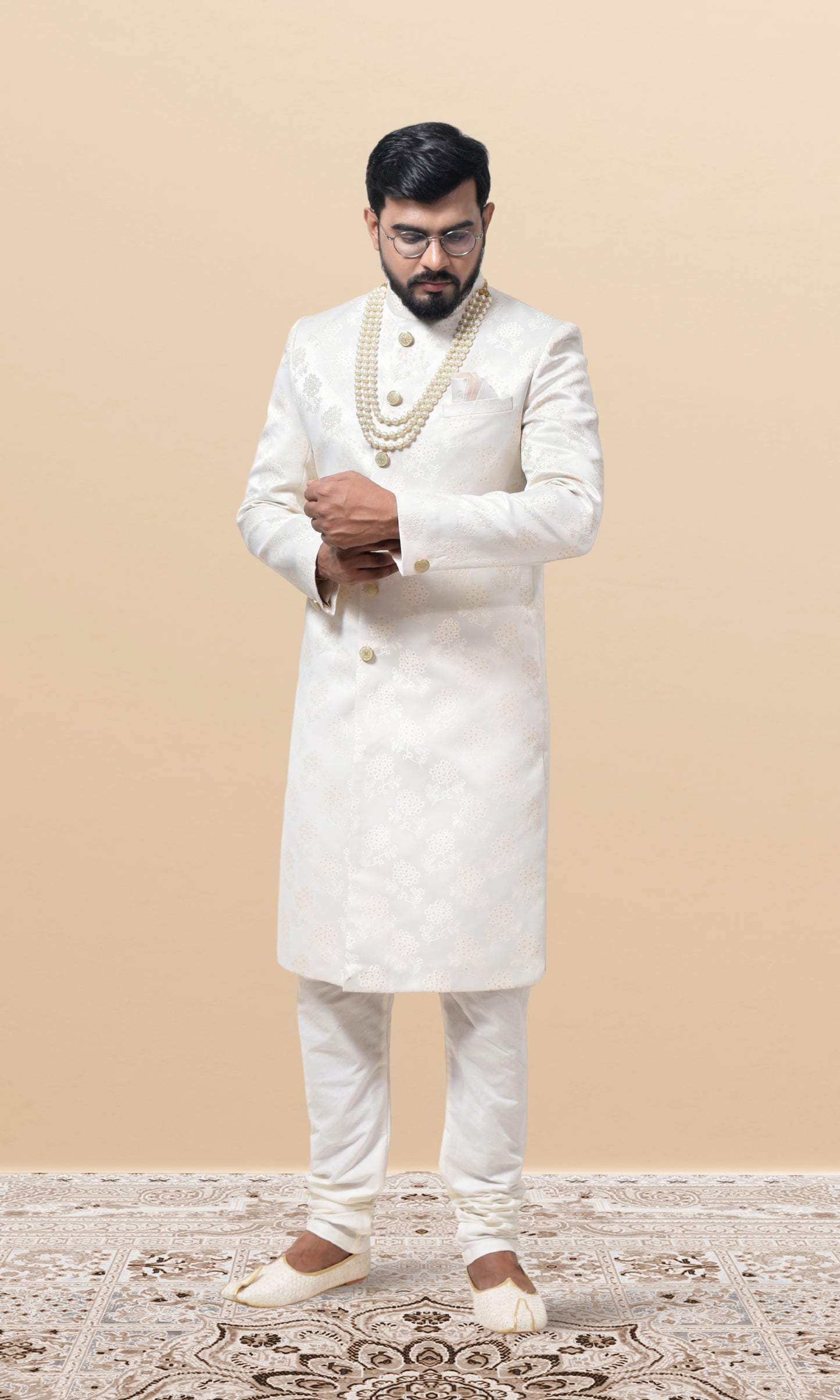 Royal Off-White Jacquard Sherwani with Delicate Floral Motifs