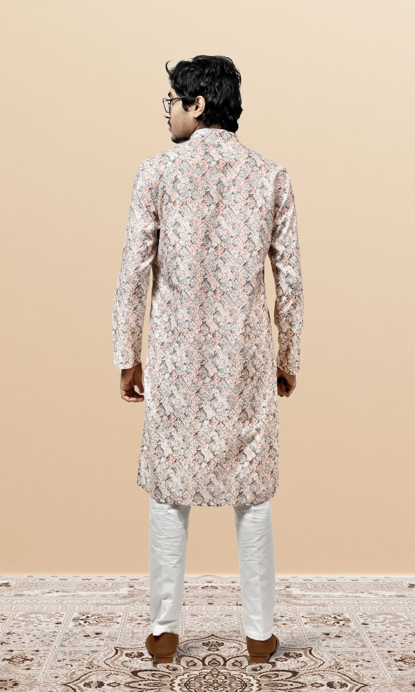 Soft Peach & Grey Pixel Patterned Kurta with Subtle Shimmer