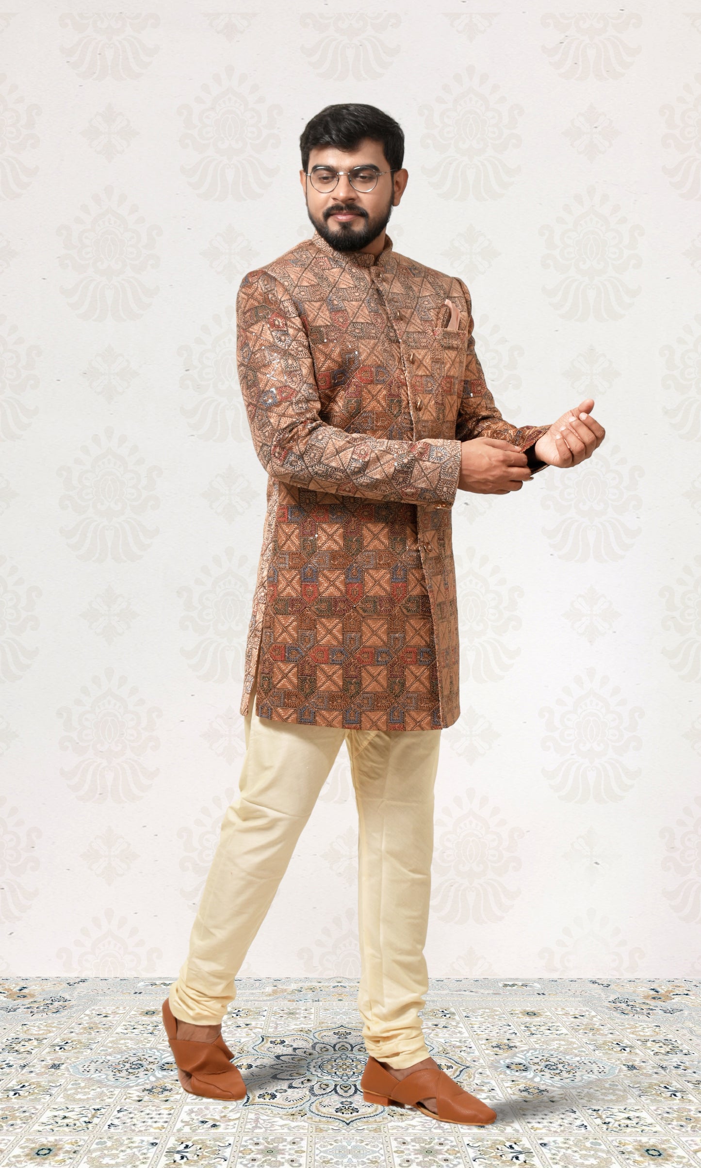 Sandstone Gold Enigma Indo-Western with Geometric Foliage Embroidery