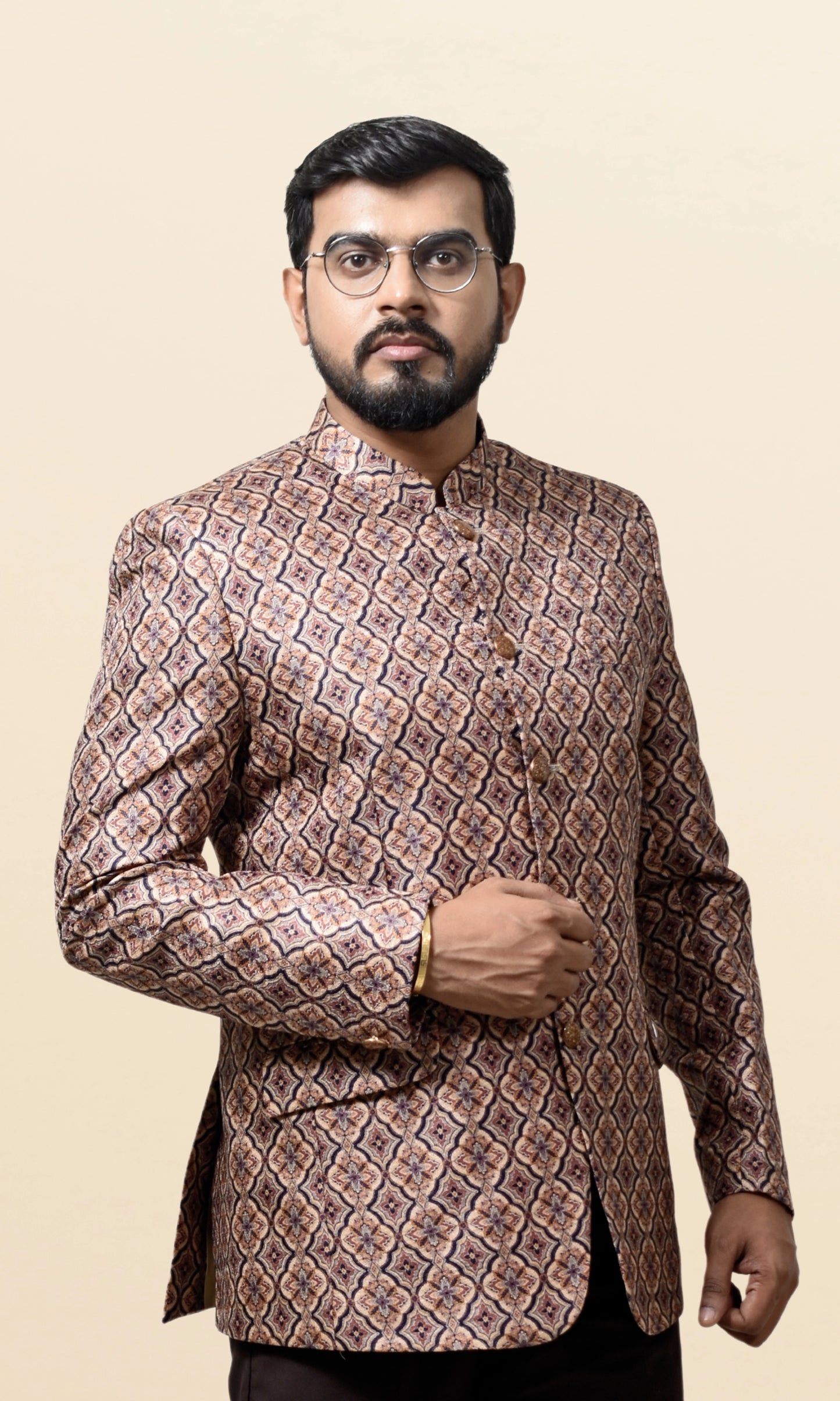 Beige & Brown Intricate Floral Lattice Bandhgala