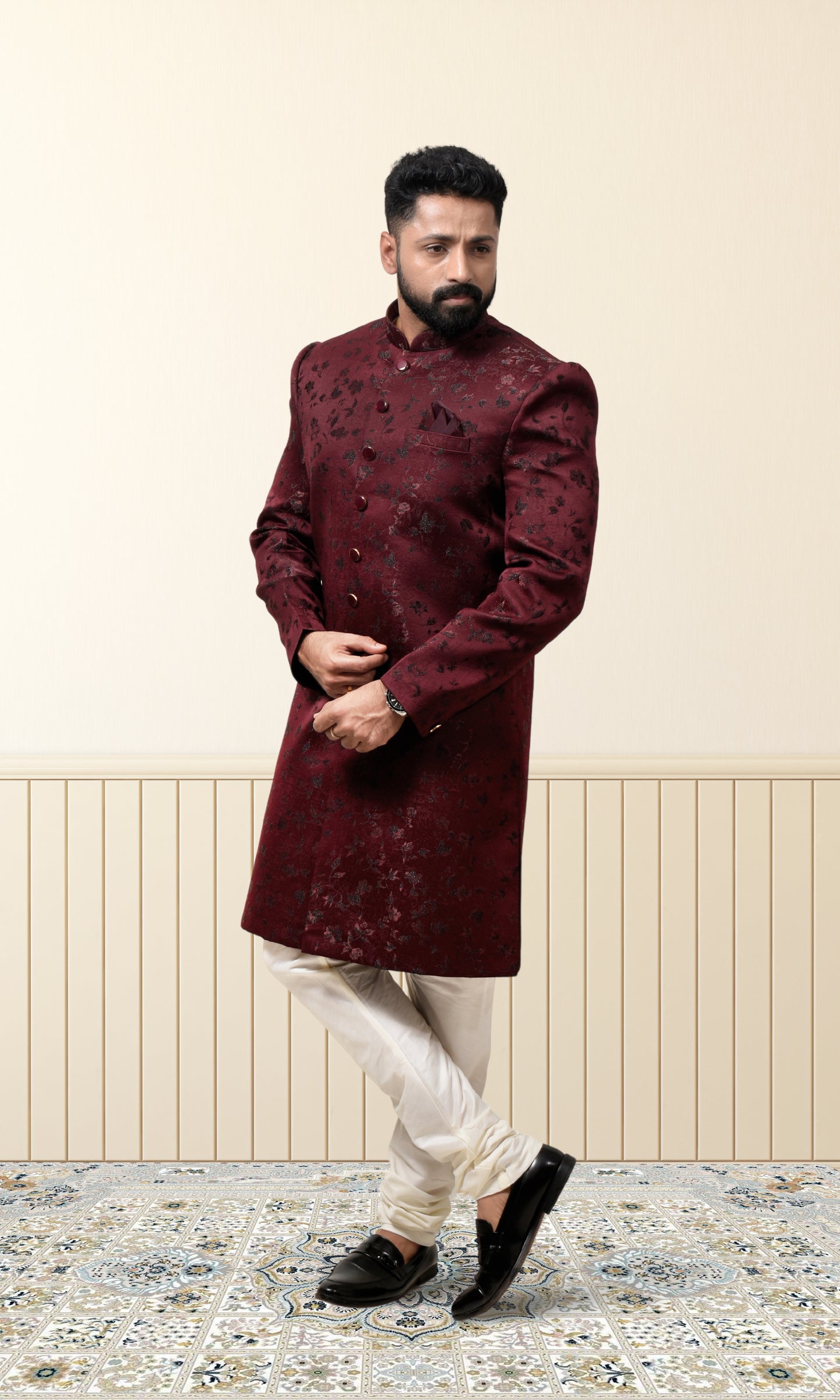Burgundy Wine Indo-Western with Velvet Floral Embroidery