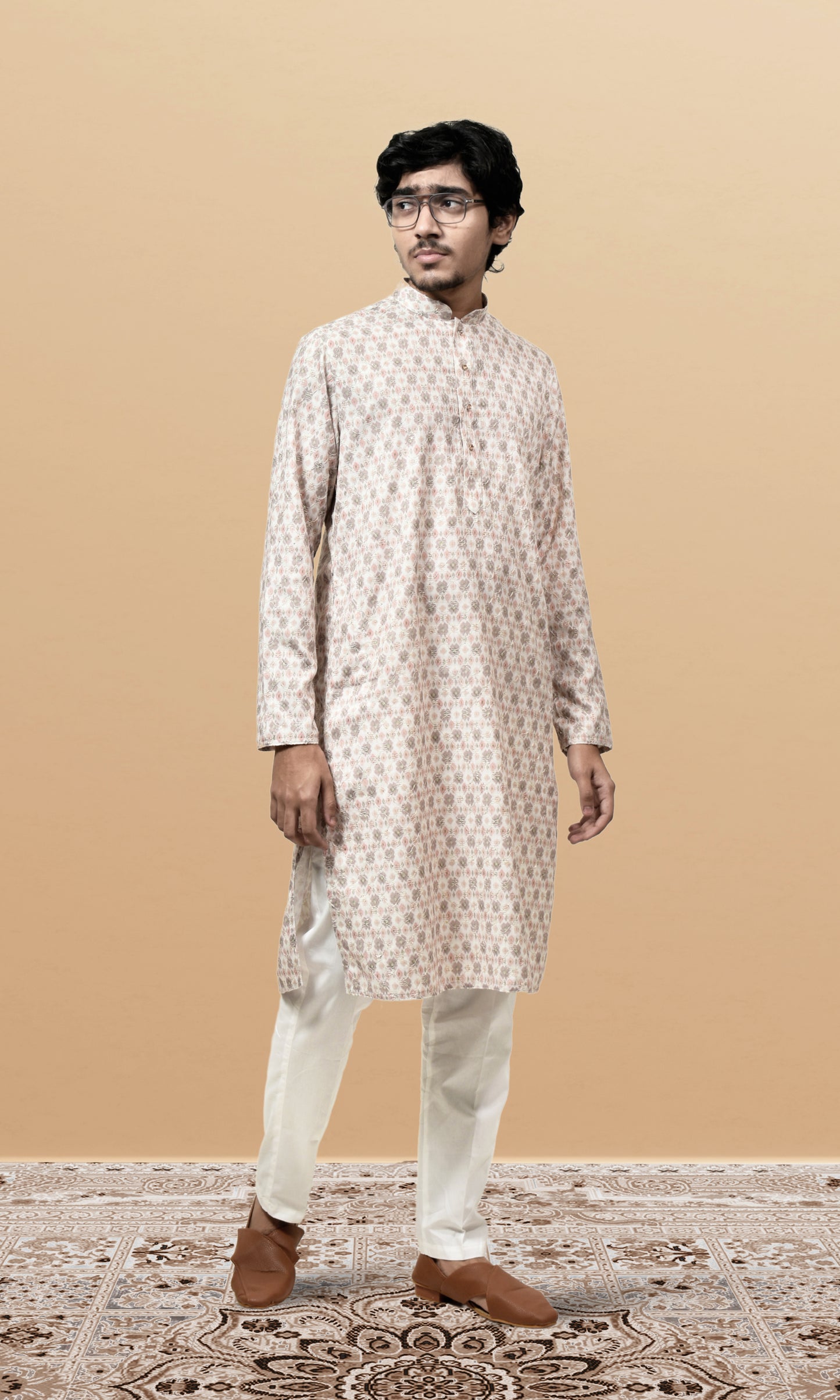 Pastel Pearl Dream Kurta with Vintage Rose Motifs