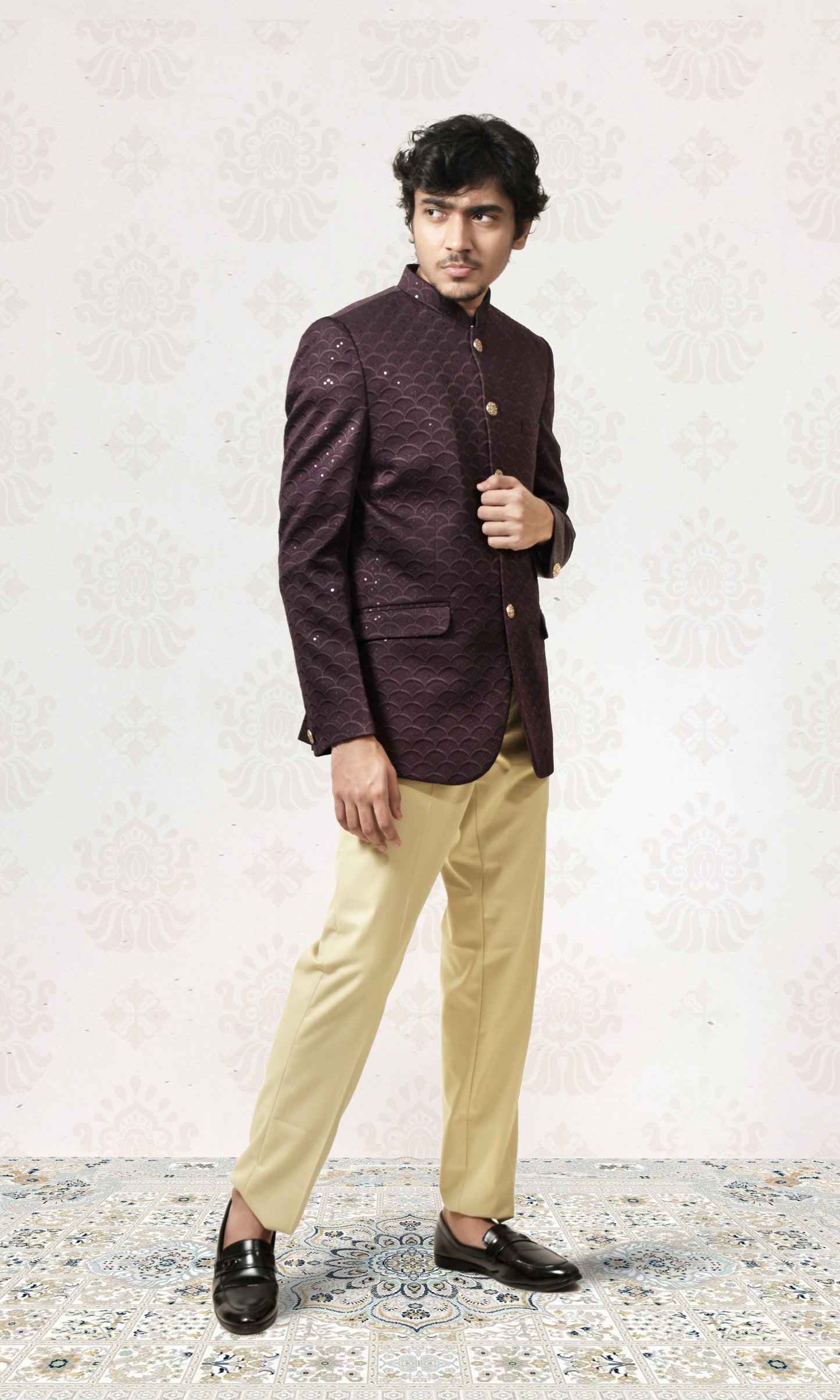 Velvet Grape Mulberry Geometric Bandhgala with a Touch of Sparkle