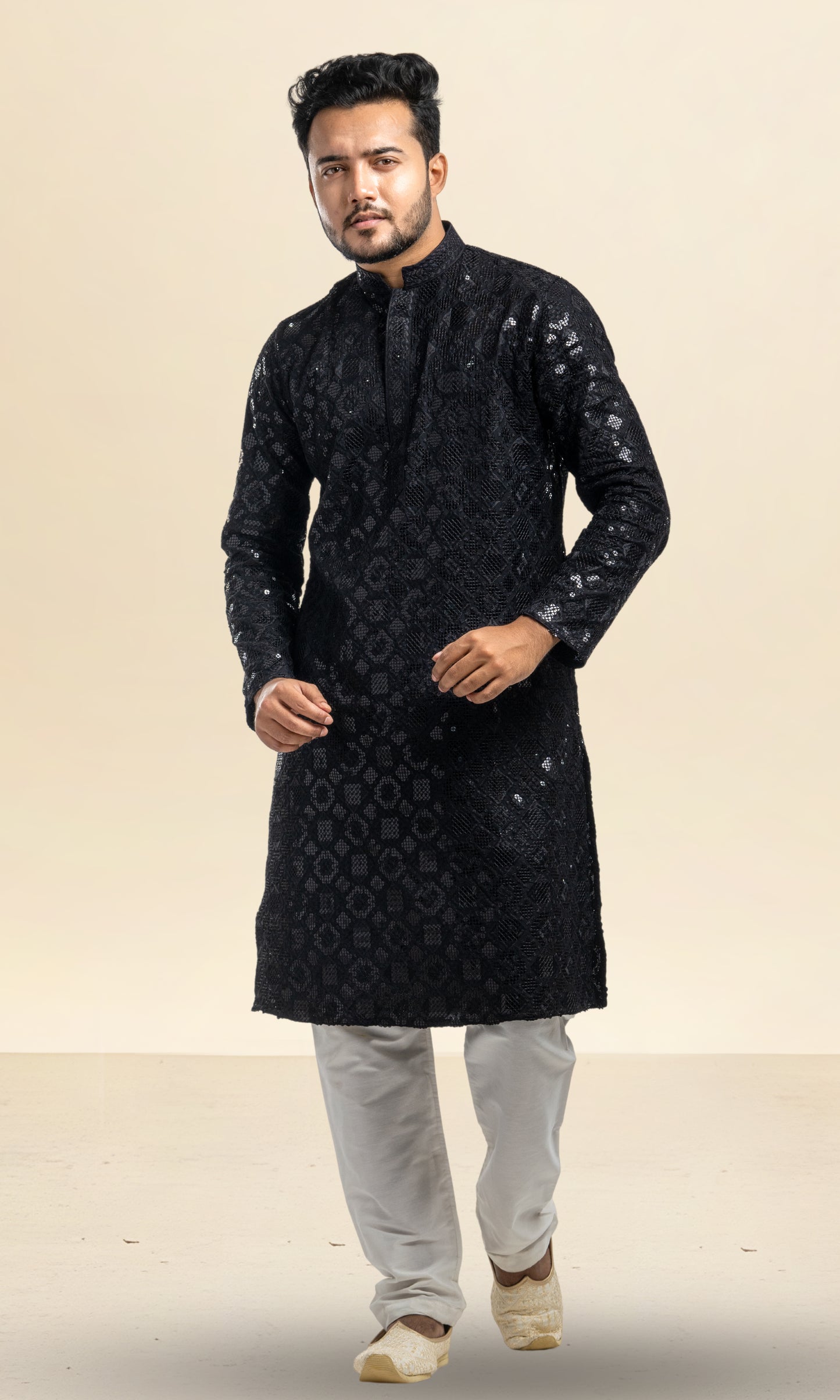 BLACK SEQUIN EMBELLISHED CHIKANKARI KURTA