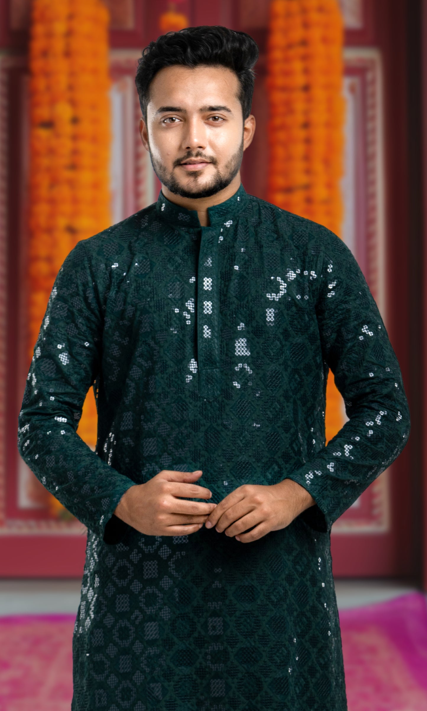 GREEN SEQUIN EMBELLISHED CHIKANKARI KURTA