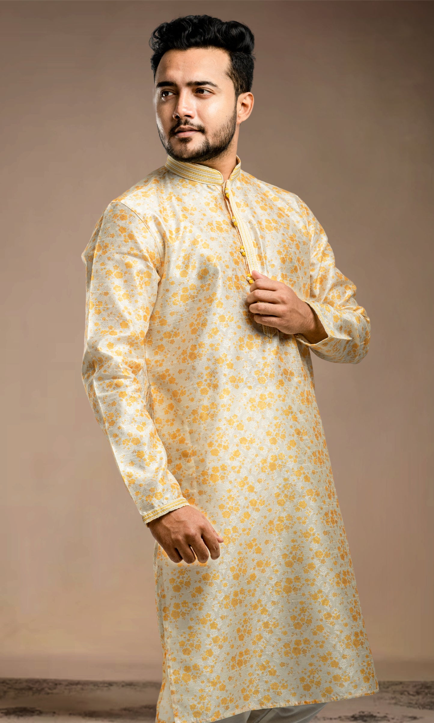 HALDI YELLOW FLORAL PRINT SELF WEAVED JAQUARD KURTA