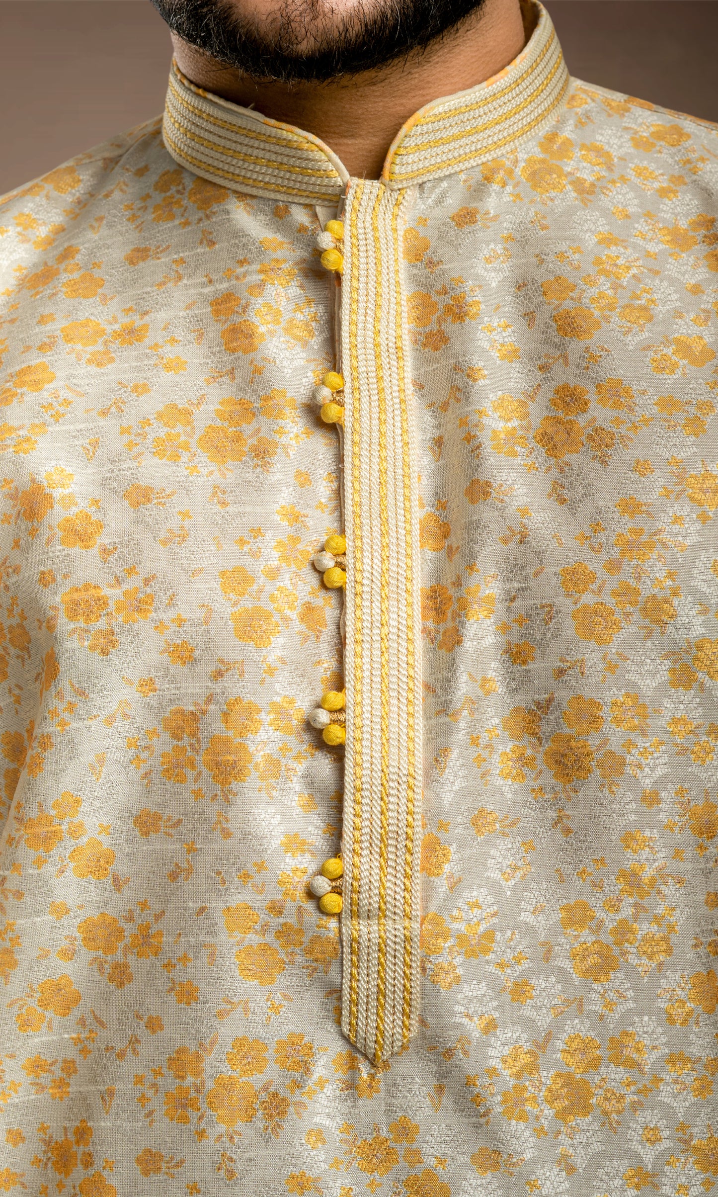 HALDI YELLOW FLORAL PRINT SELF WEAVED JAQUARD KURTA