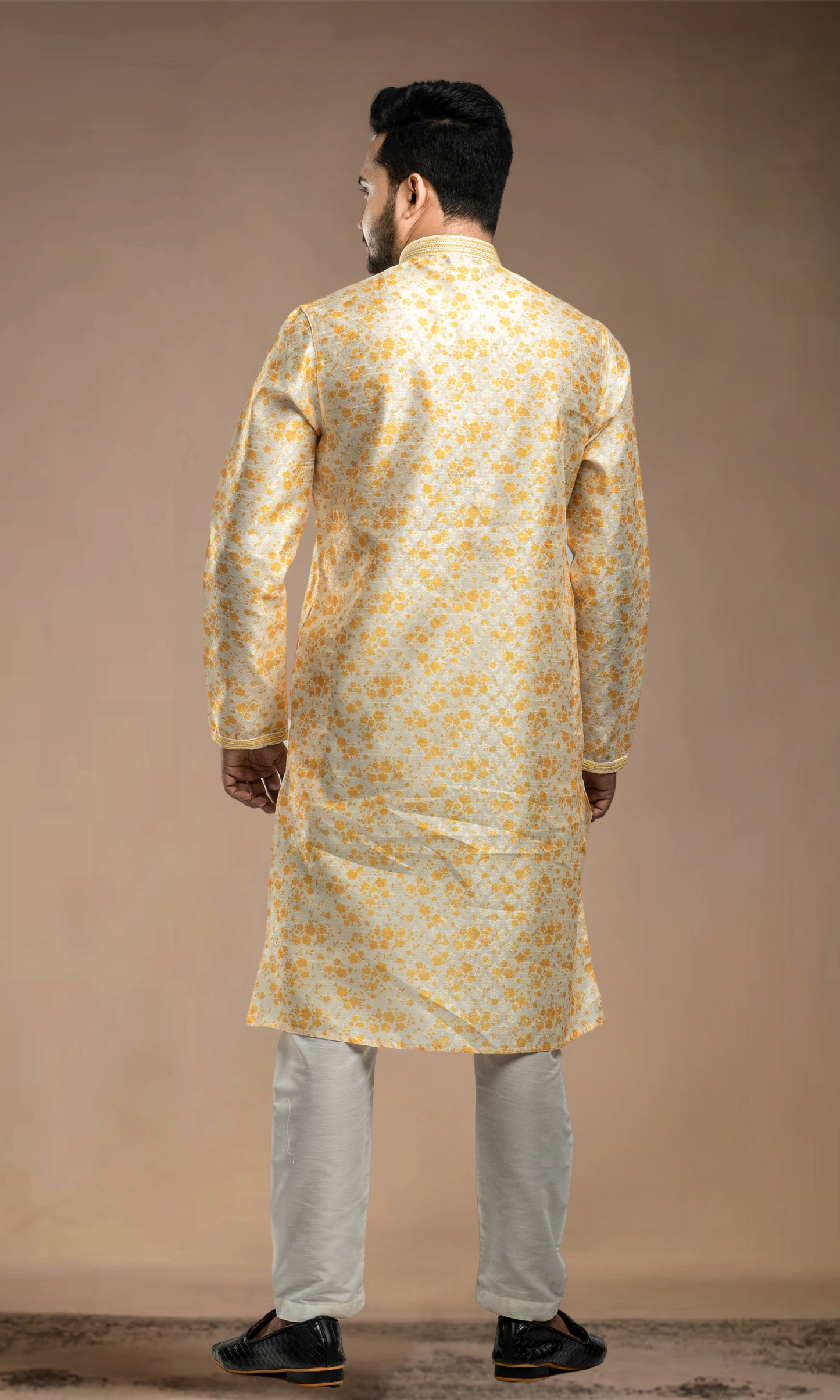 HALDI YELLOW FLORAL PRINT SELF WEAVED JAQUARD KURTA