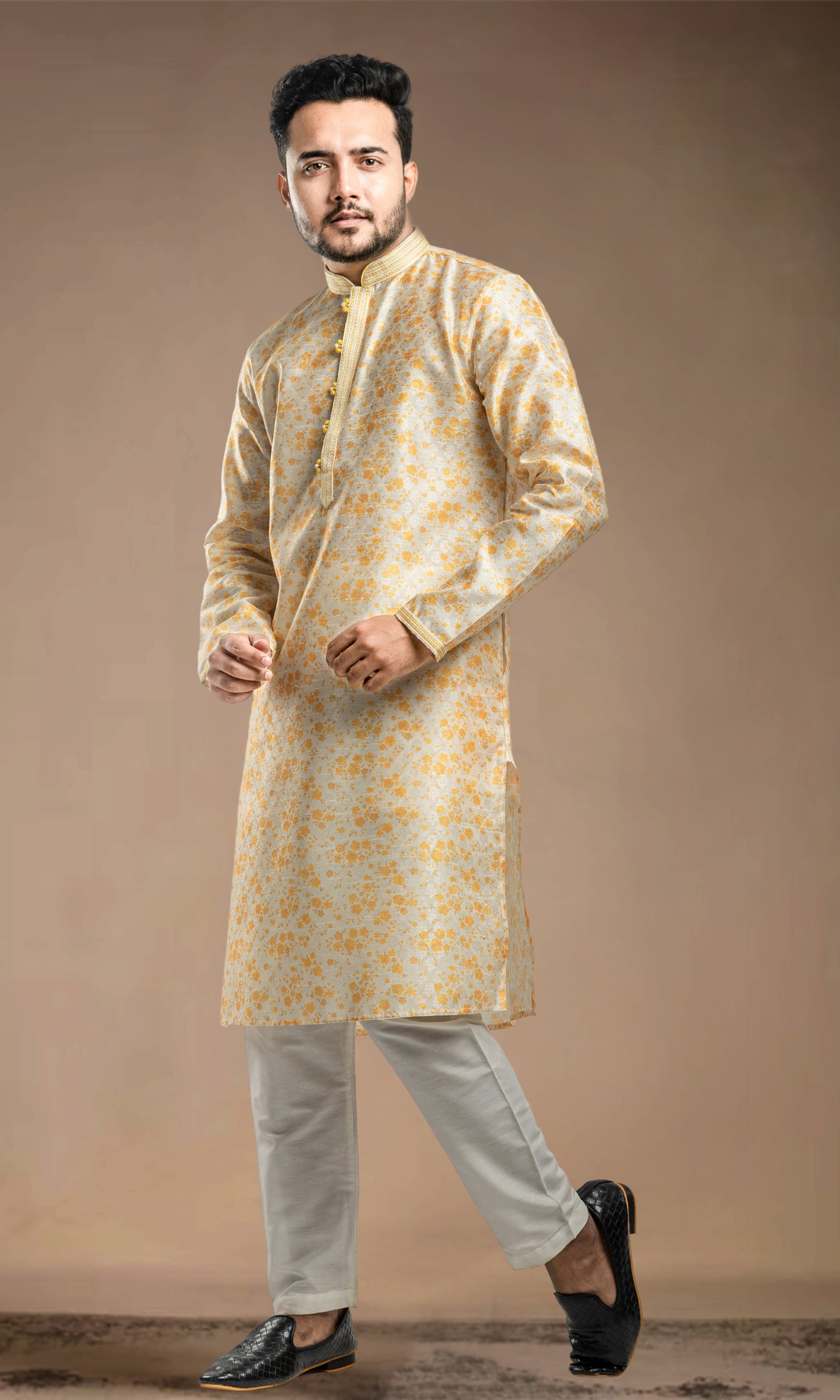 HALDI YELLOW FLORAL PRINT SELF WEAVED JAQUARD KURTA