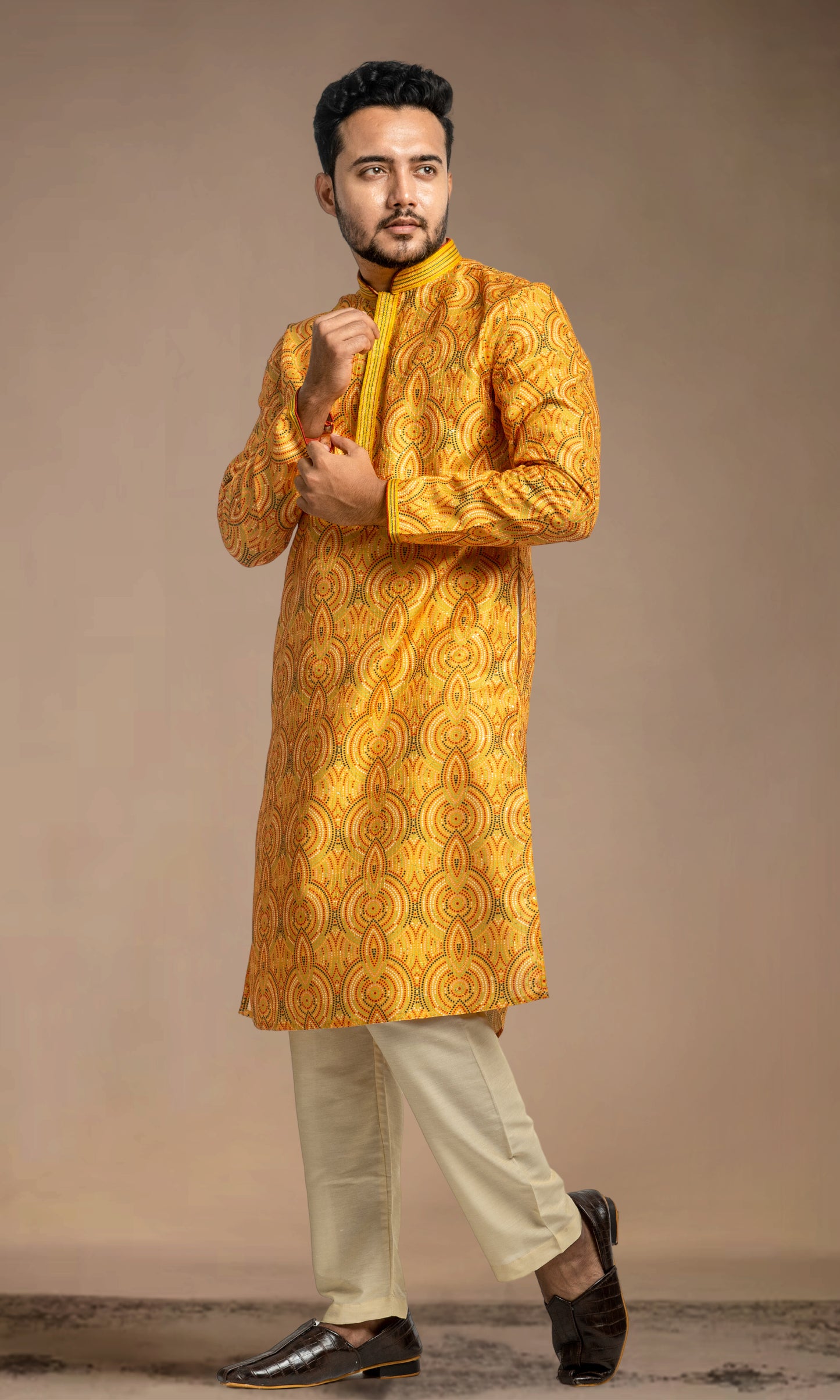 YELLOW WITH MULTI COLOURED DOTTED ETHNIC MOTIFS PRINT KURTA WITH SEQIUNED THREADWORK