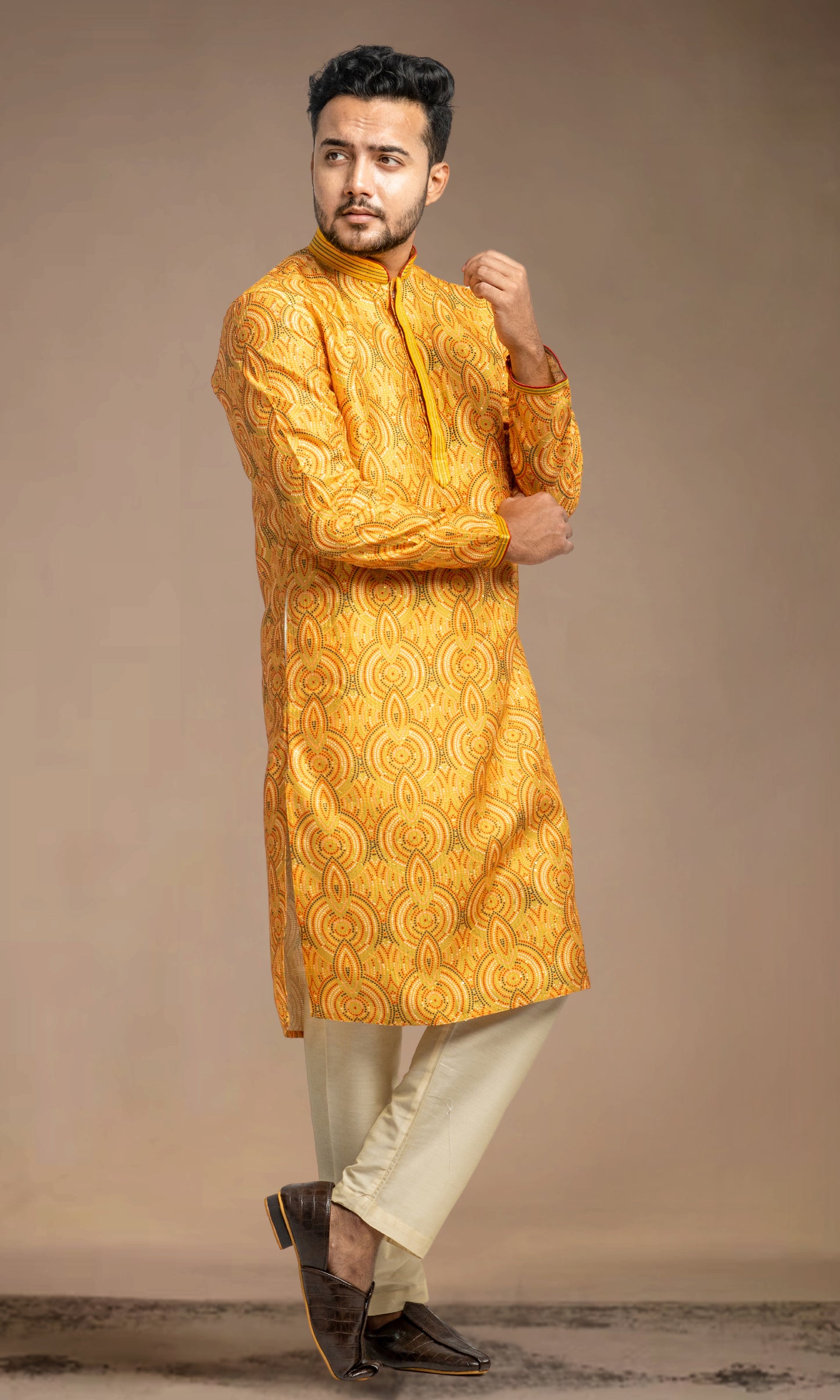 YELLOW WITH MULTI COLOURED DOTTED ETHNIC MOTIFS PRINT KURTA WITH SEQIUNED THREADWORK