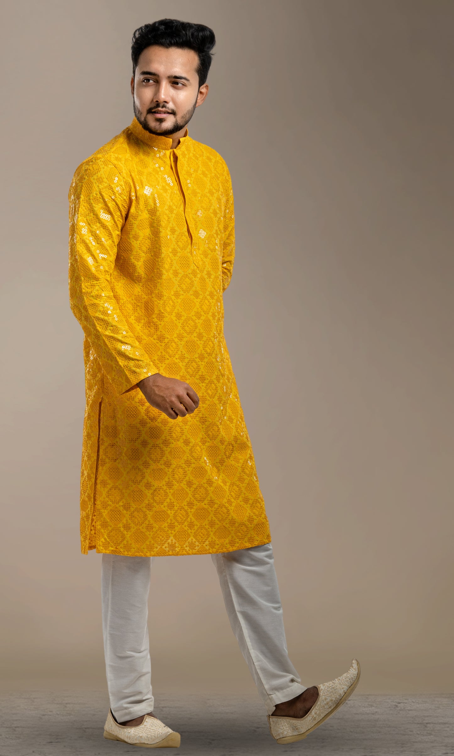 YELLOW SEQUIN EMBELLISHED CHIKANKARI KURTA