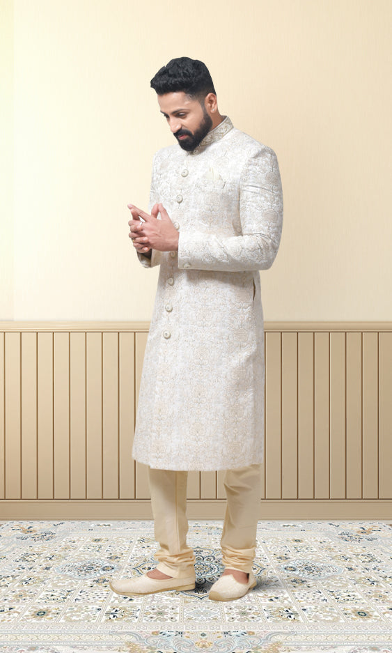 Champagne Cream Zari Embroidered Sherwani with Regal Threadwork & Jewel Buttons