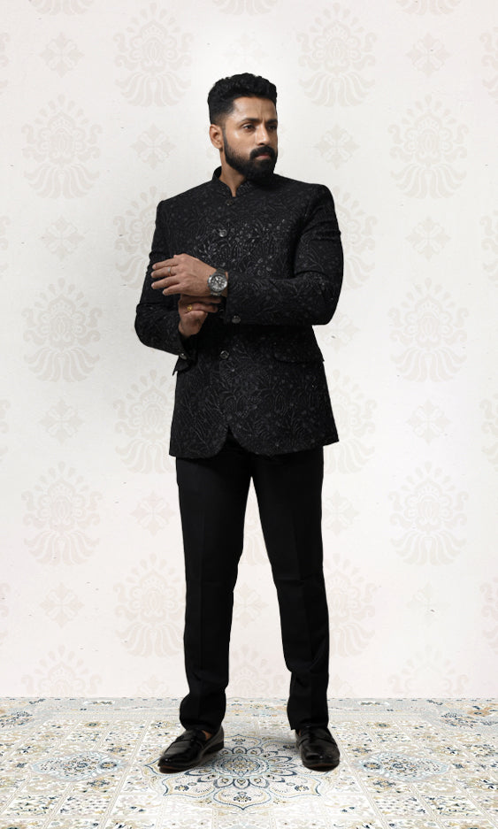 Midnight Black Luxe Floral Bandhgala with Shimmering Sequin Accents