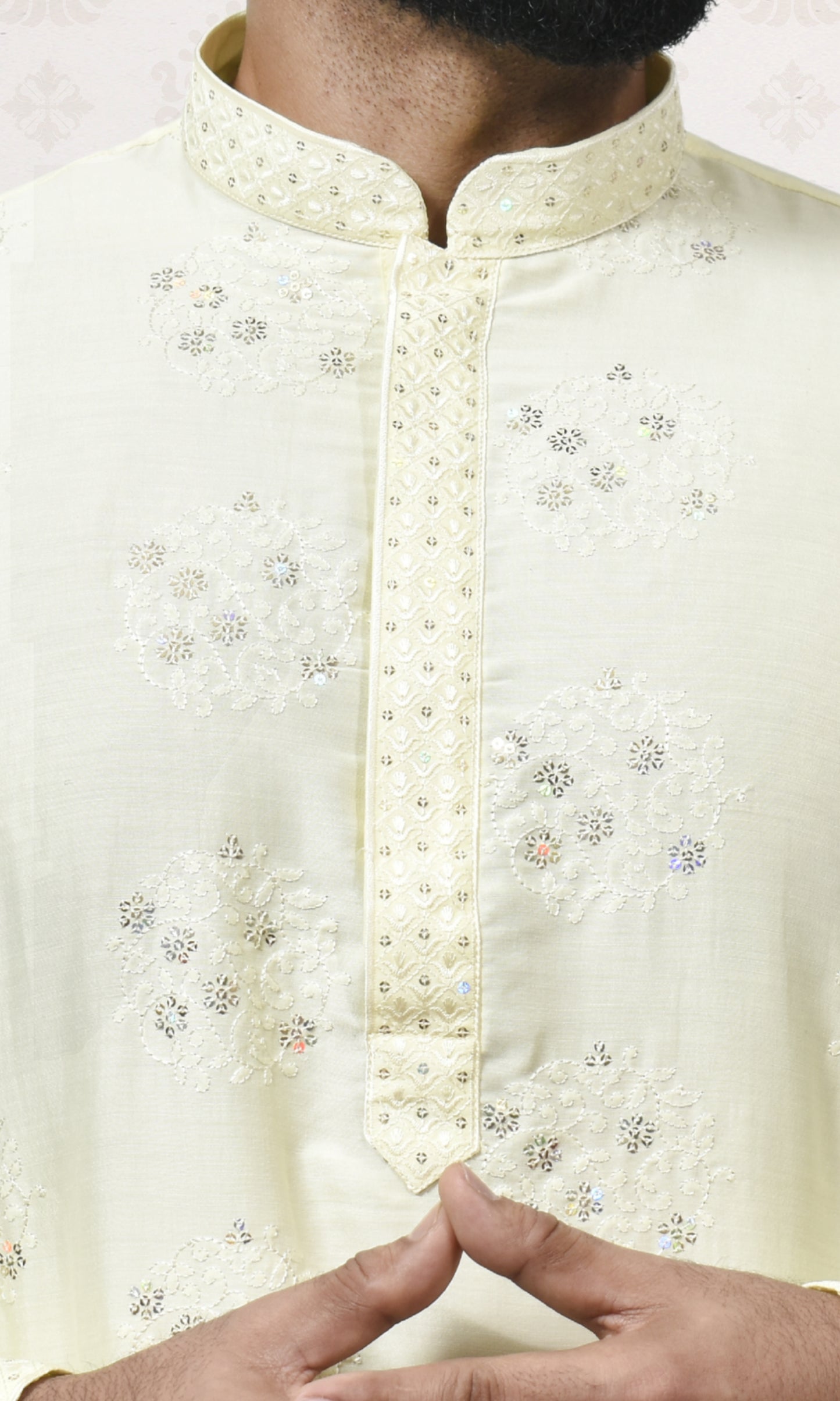 Golden Buttercream Kurta with Delicate Crystal & Floral Embroidery