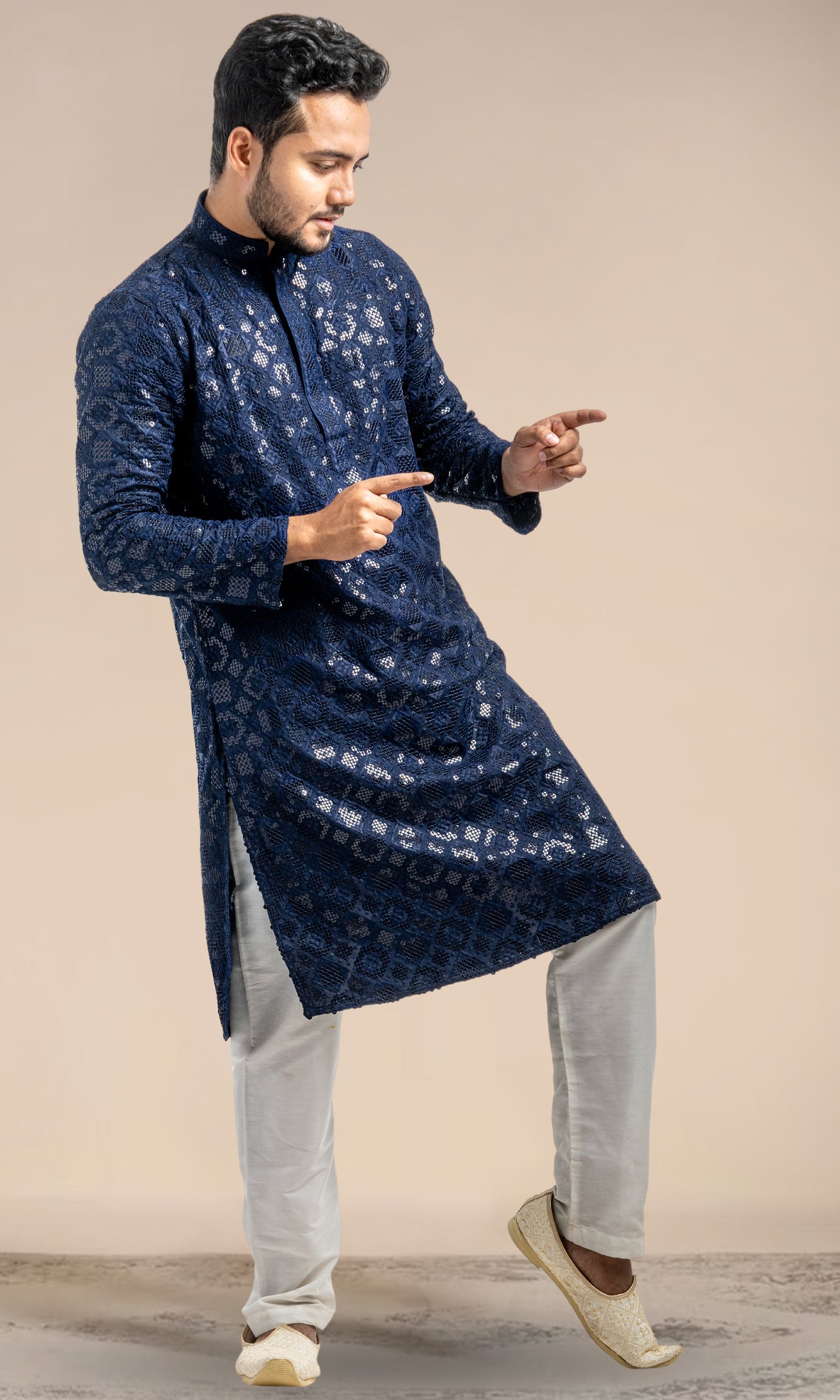 NAVY BLUE SEQUIN EMBELLISHED CHIKANKARI KURTA
