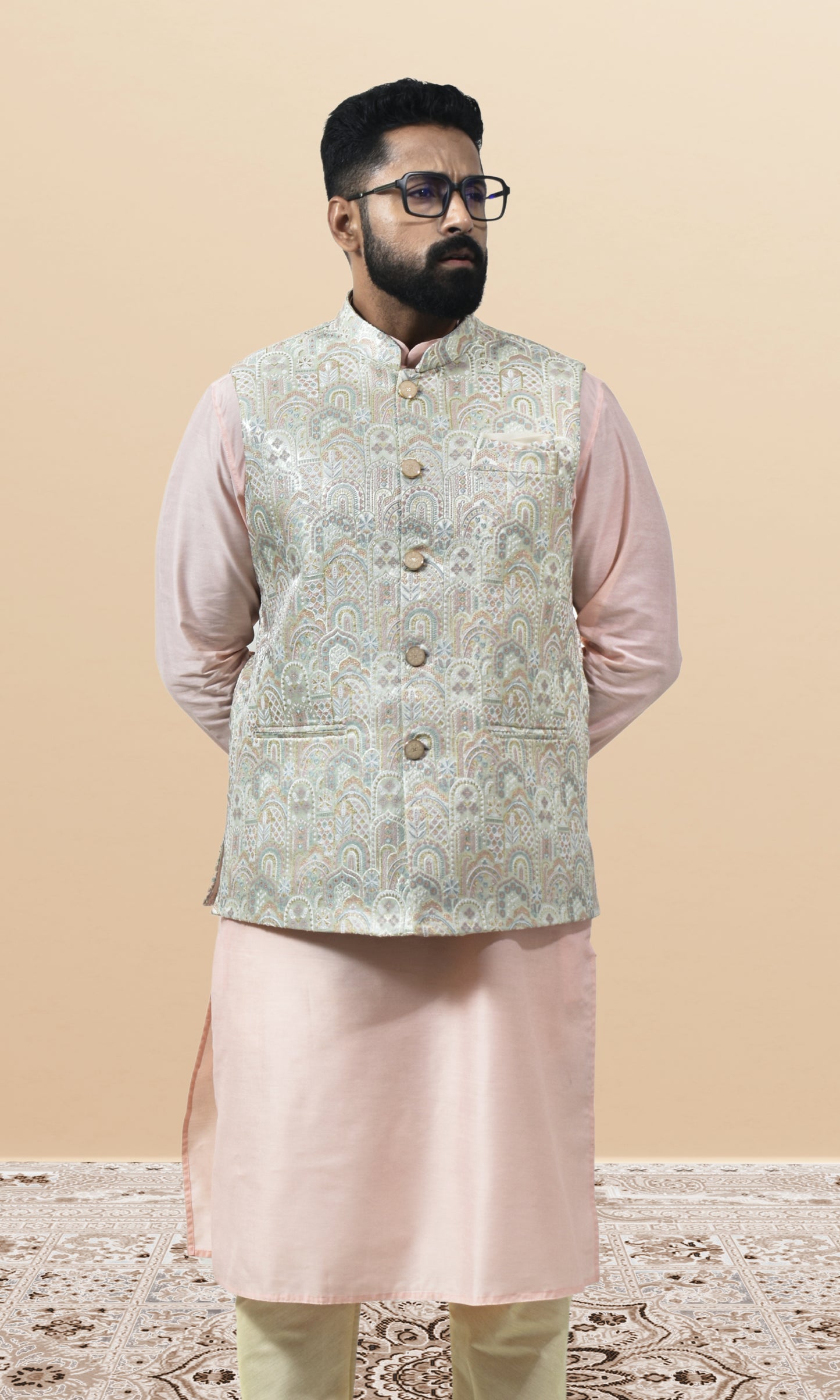 Blush-Tinted Ivory Jacket with Paisley Sequin Embroidery and Delicate Pastel Accents