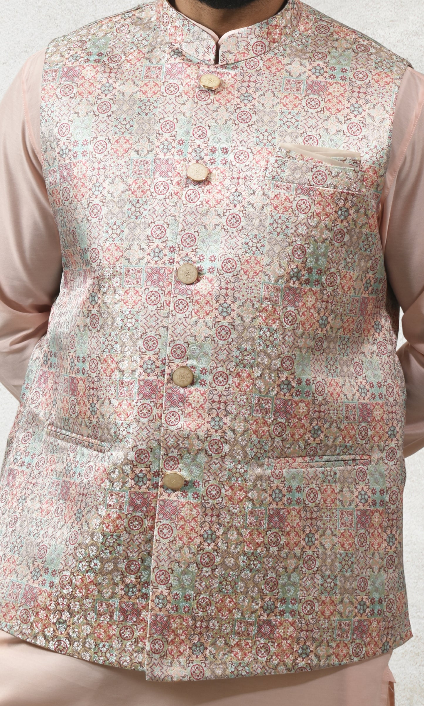 Multicoloured Pastel Medallion Weaved Jacket with Enchanted Brocade