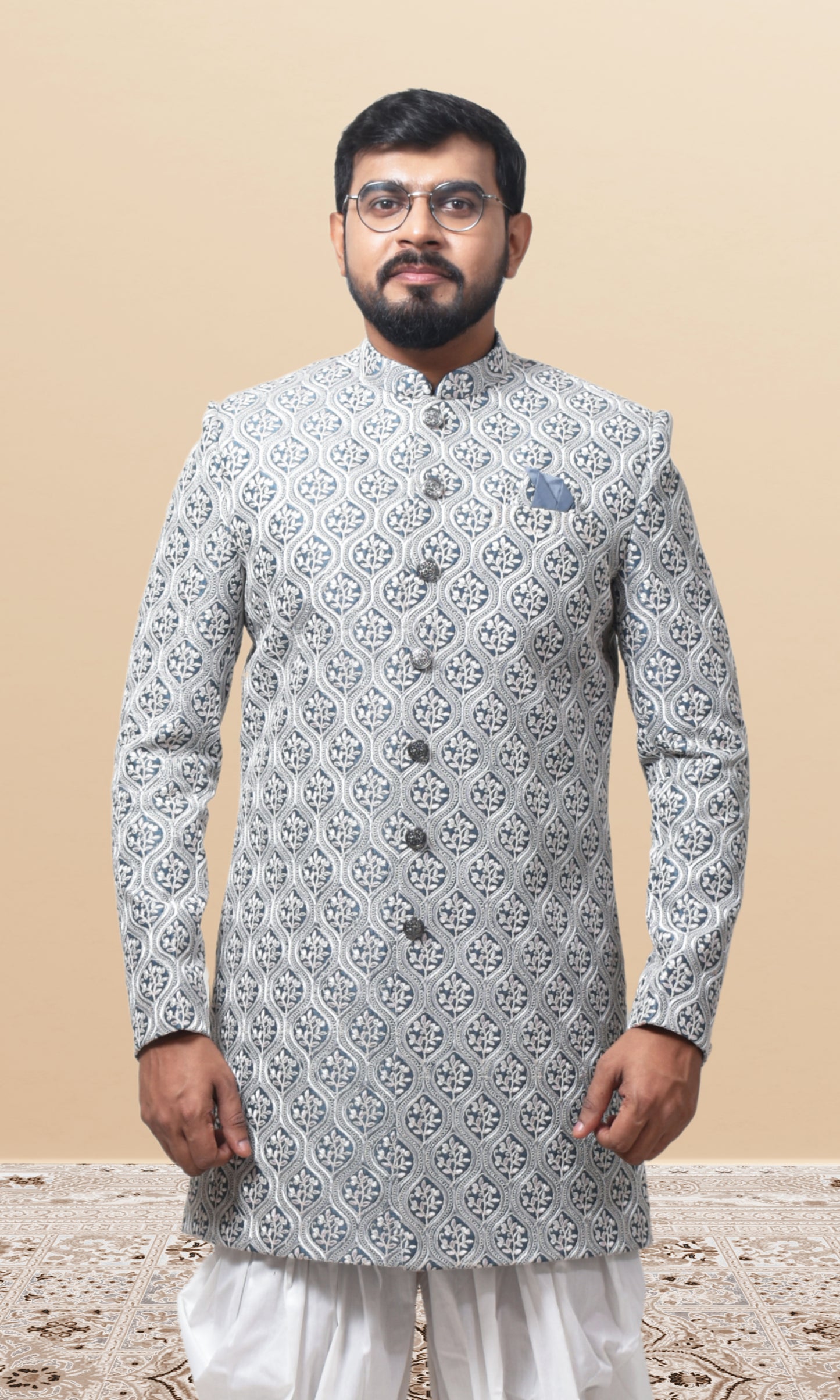 Silver Mirage Indo-Western with Ornate Lattice Embroidery