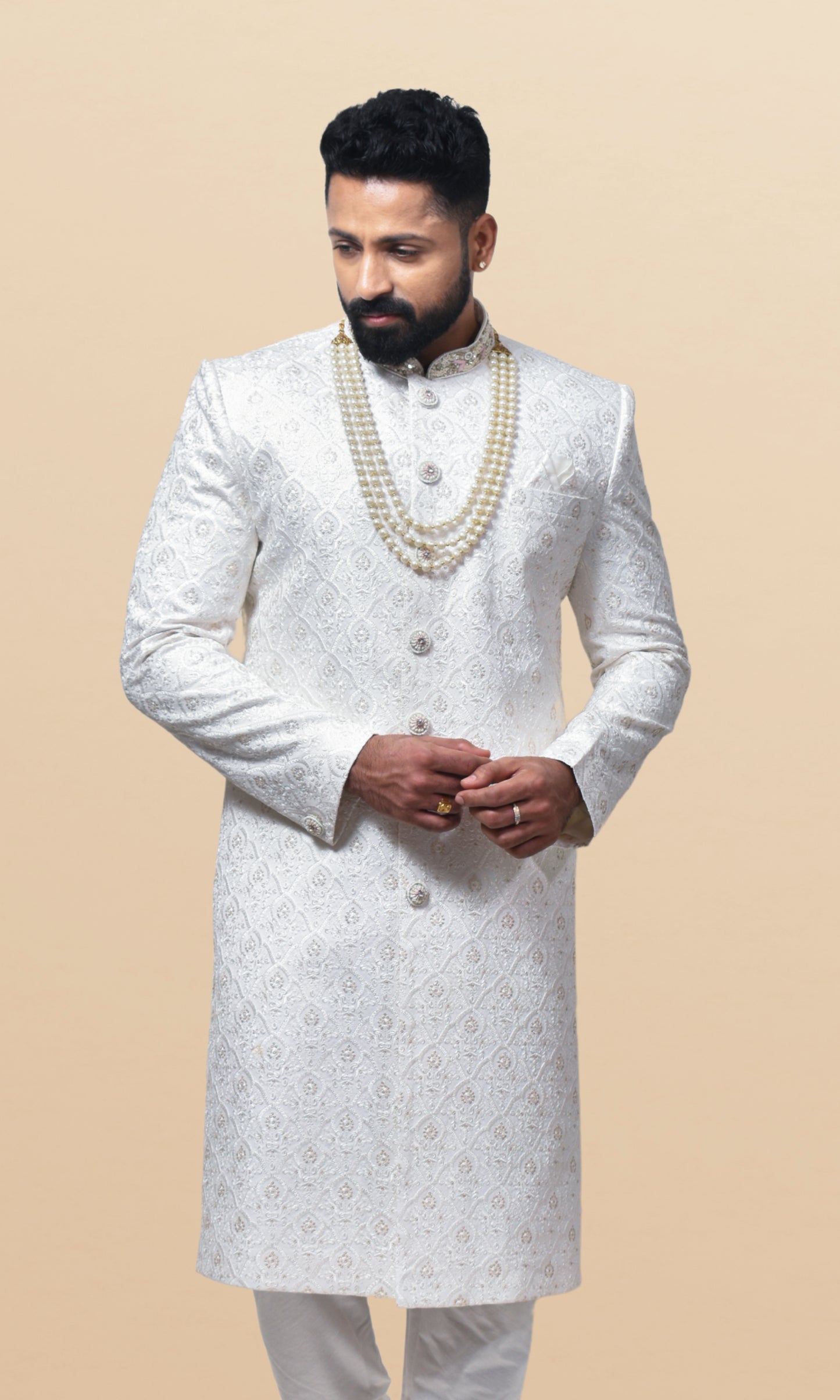 Celestial Ivory Tapestry Sherwani with Lustrous Pearl Encrustations & Ornate Filigree Collar